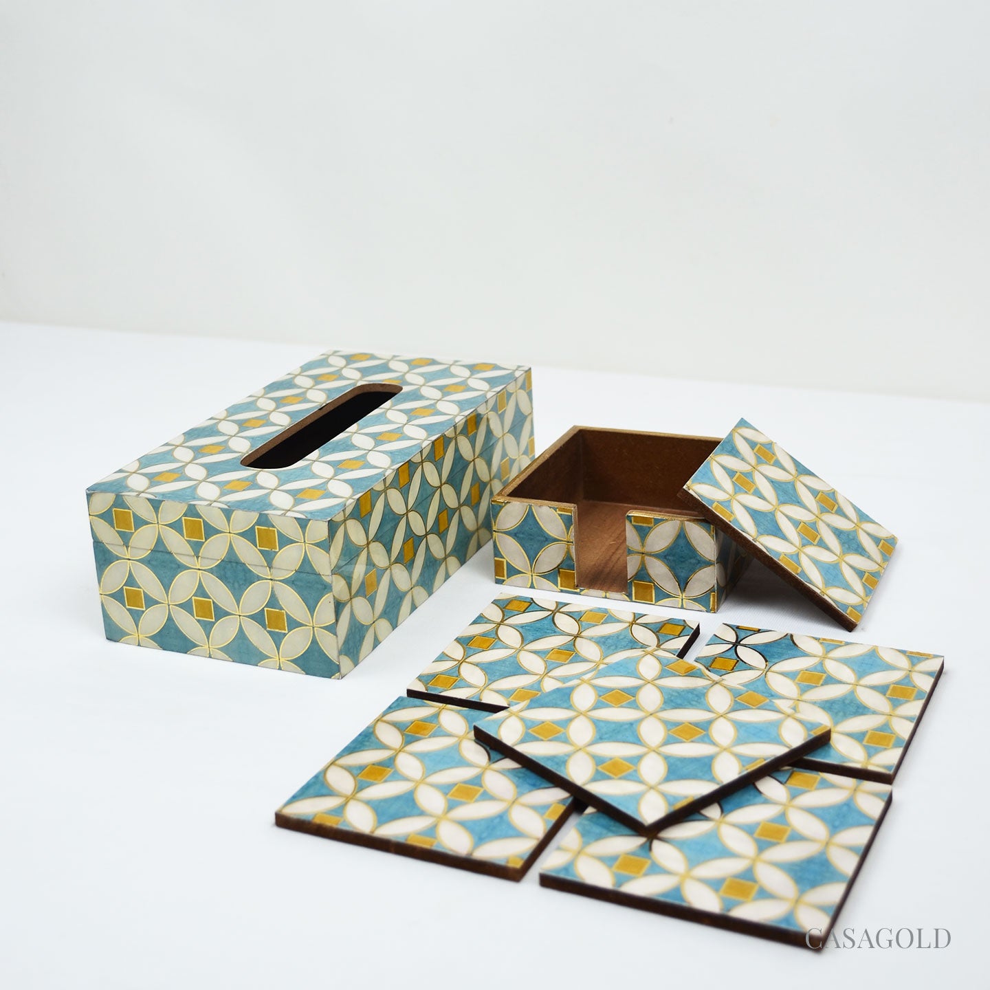 Timeless coaster and tissue box set for any decor
