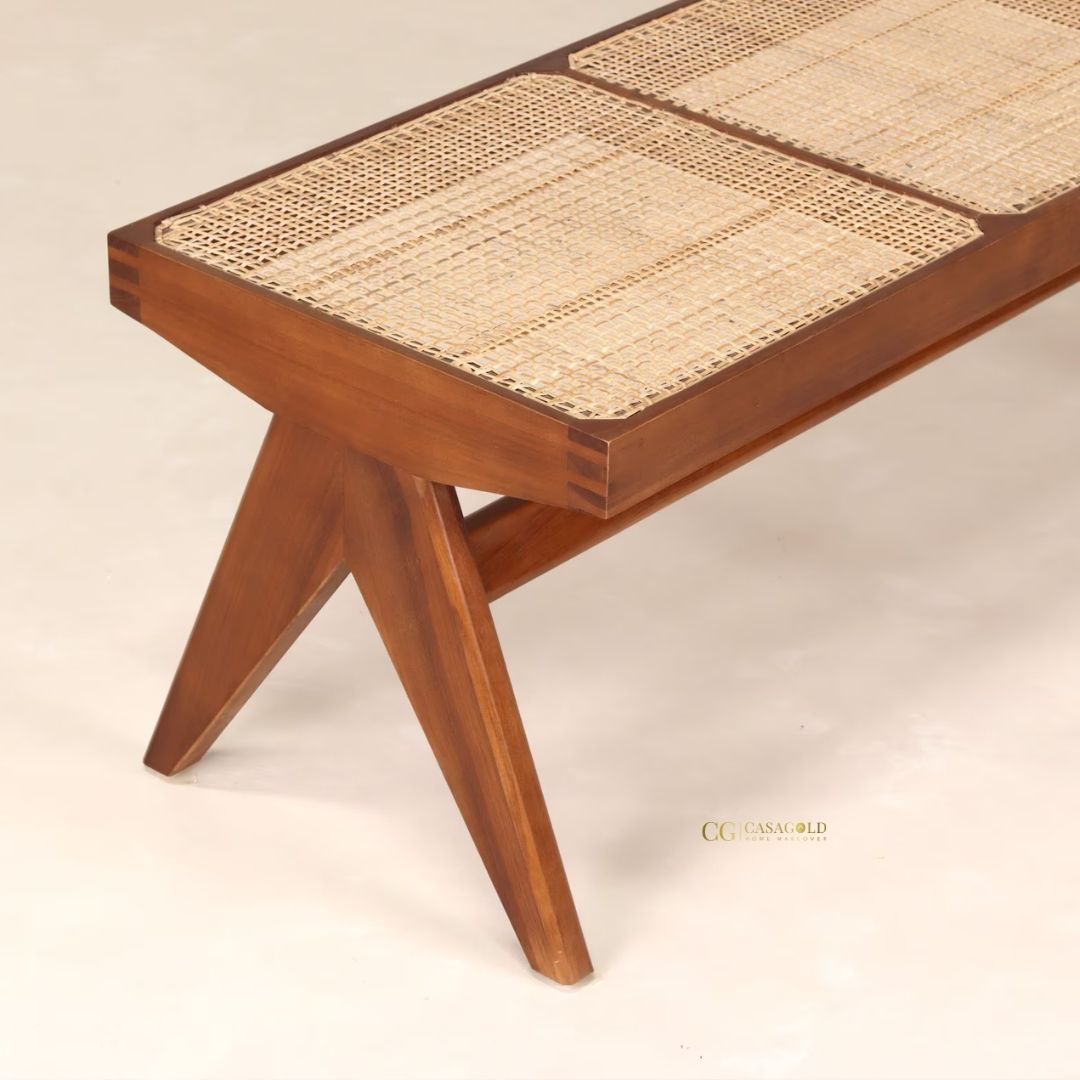 Classic wood and rattan bench with handcrafted details