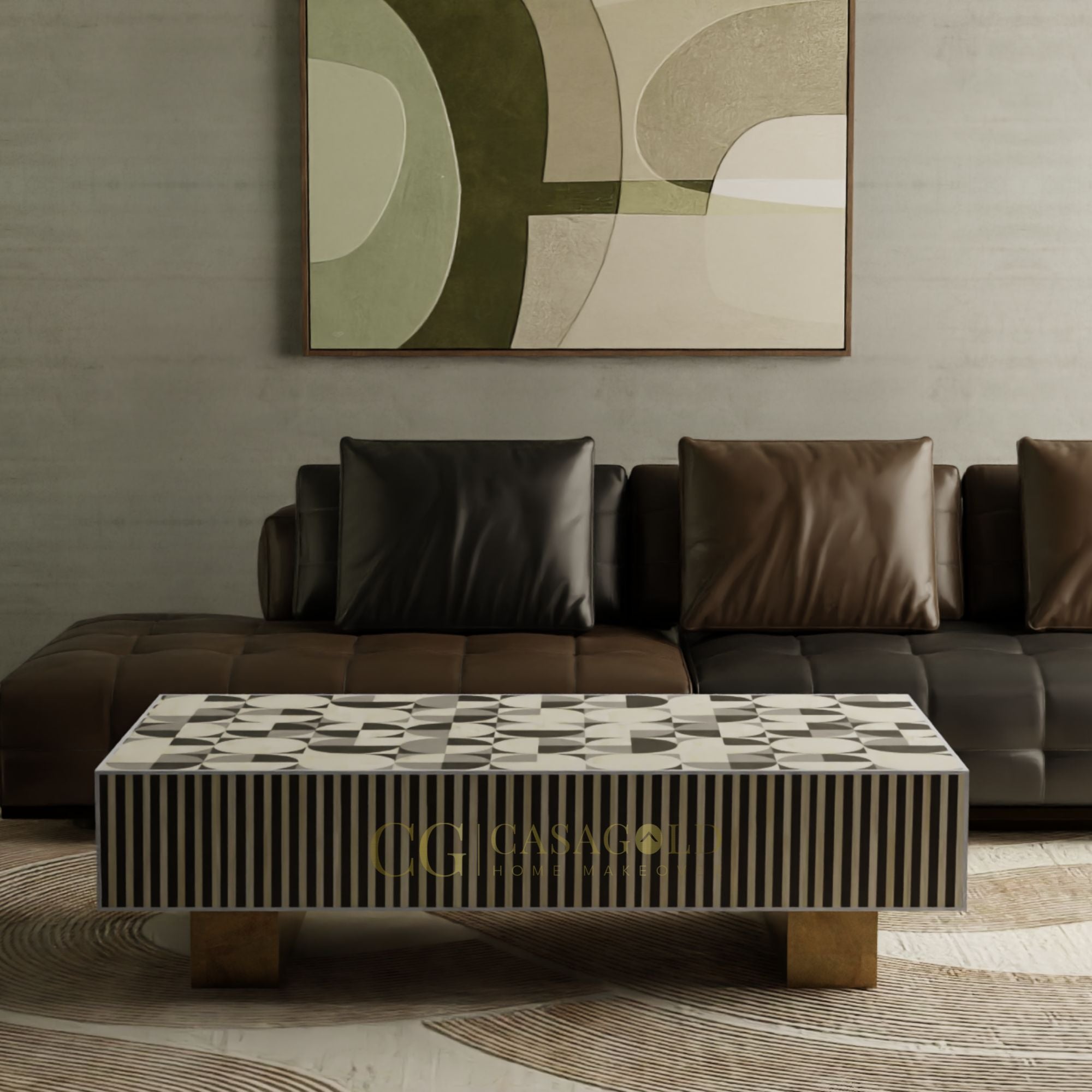 "Classic black & White rectangular coffee table with bone inlay designs"