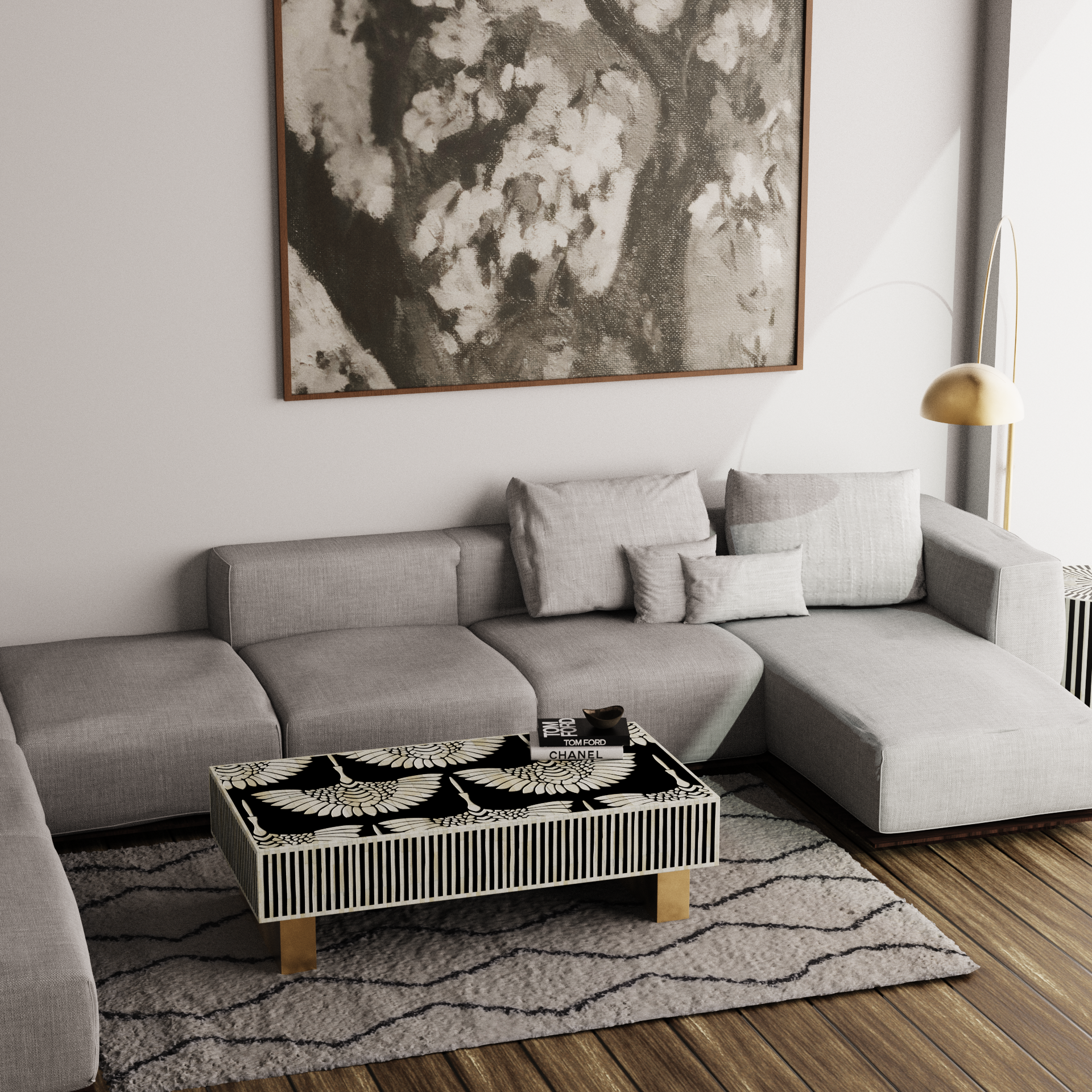 "Classic black rectangular coffee table with bone inlay designs"
