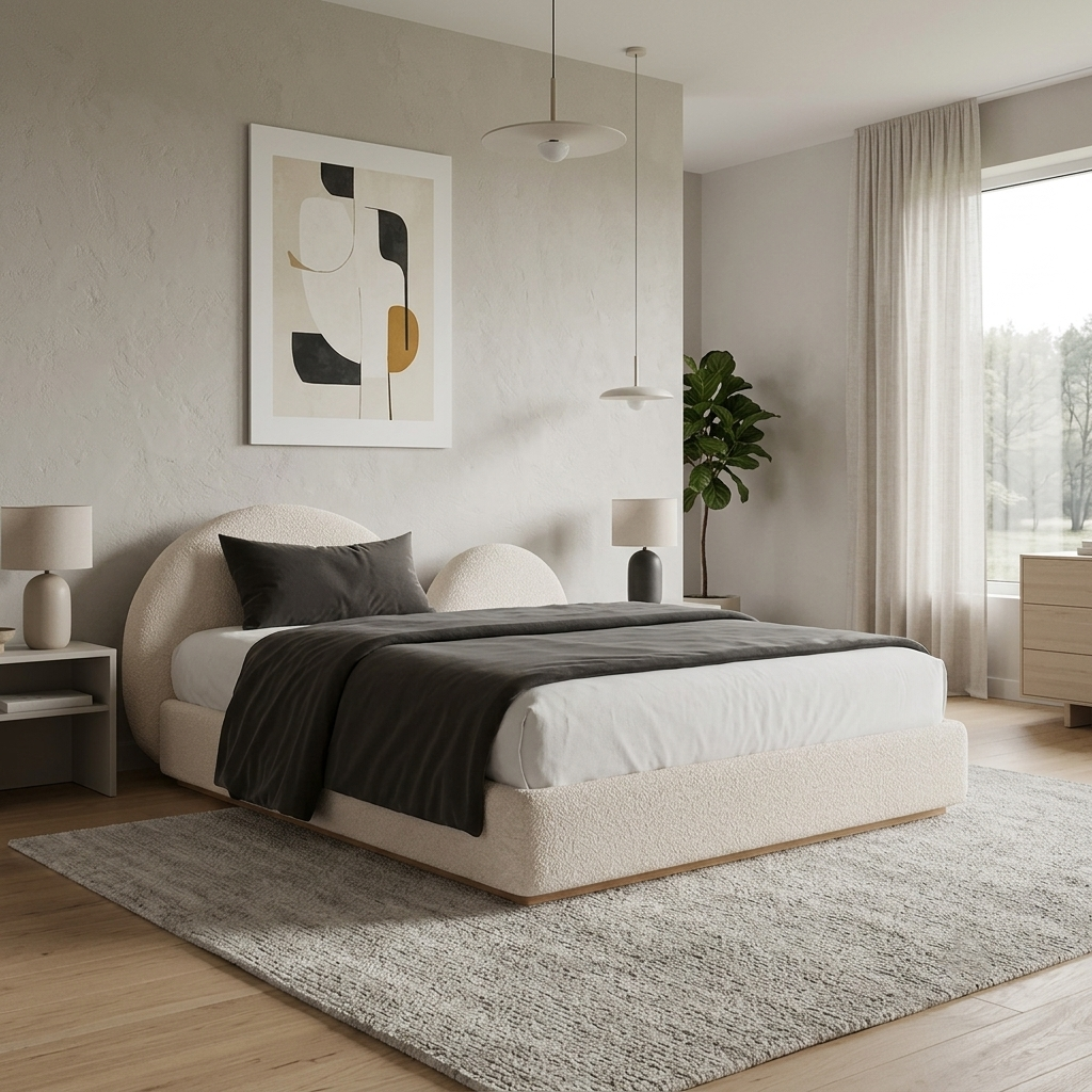 A modern bedroom featuring a low-profile upholstered bed with a curved headboard in a textured cream bouclé fabric, styled with white bedding and a dark gray throw blanket. The room has light beige walls, a large textured gray rug, a minimalist abstract art print, and a large window with sheer curtains.