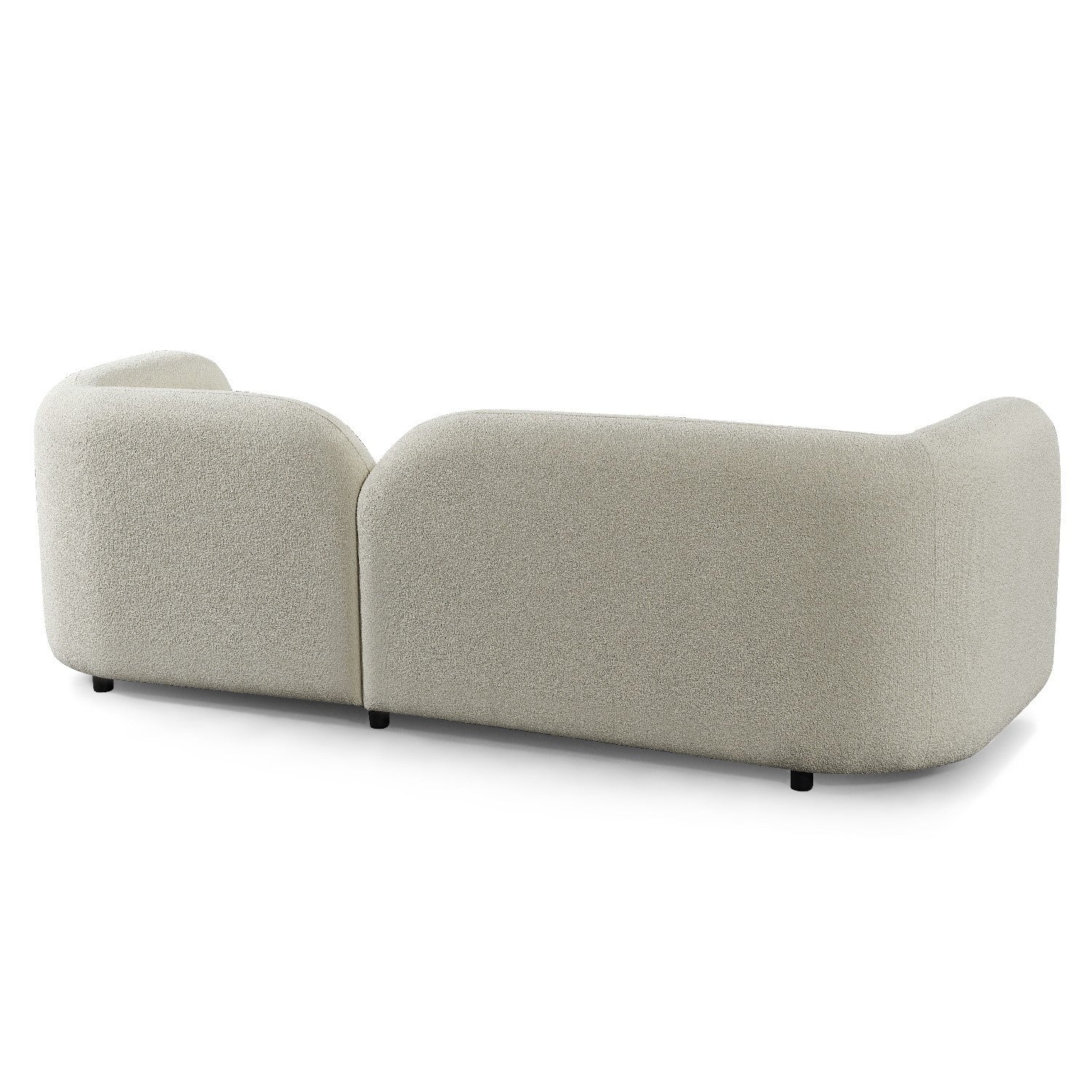 Minimalist cream bouclé sofa with rounded design, bolster cushions, and option for two-seater customisation