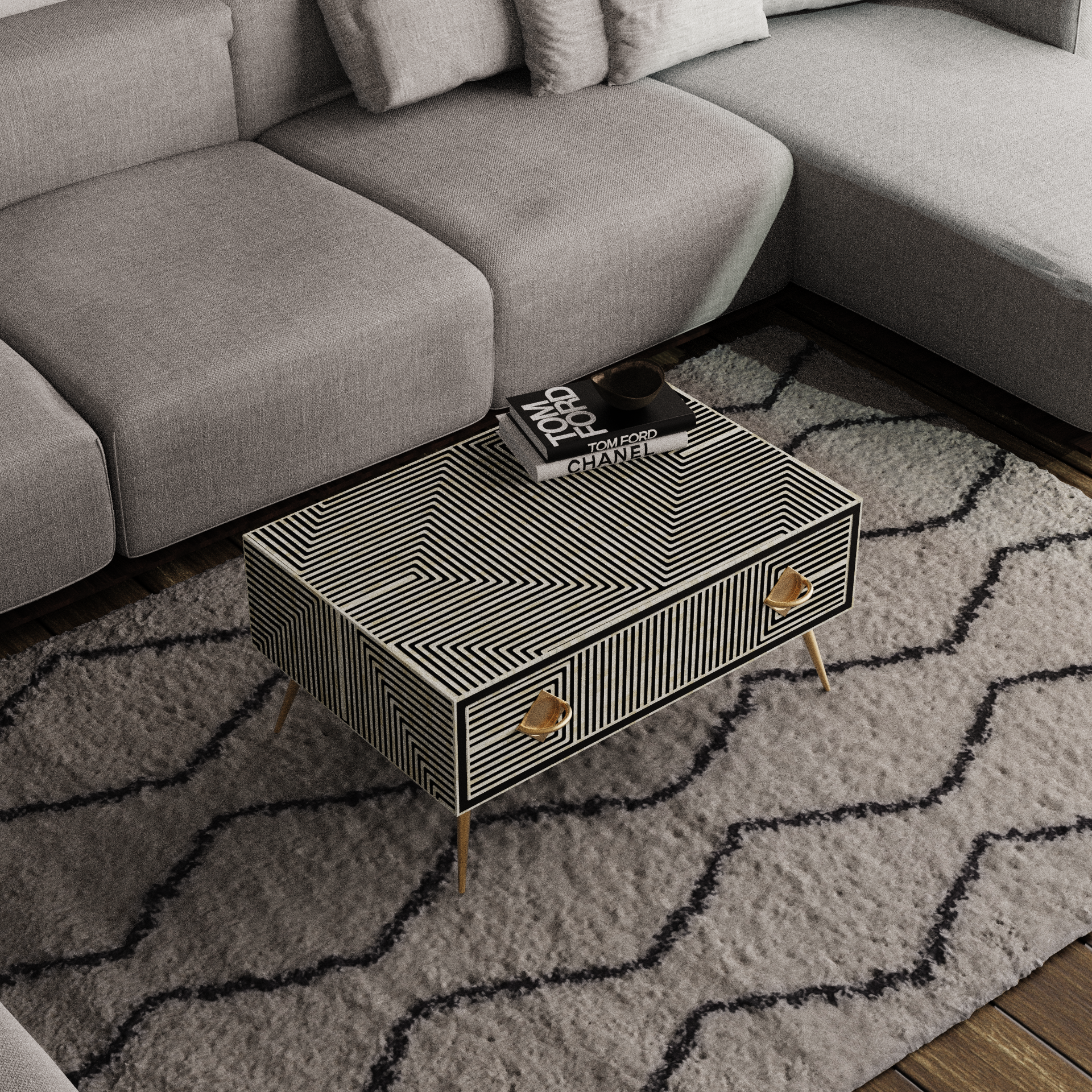 Compact Bone Inlay Rectangular Coffee Table for Living Rooms	