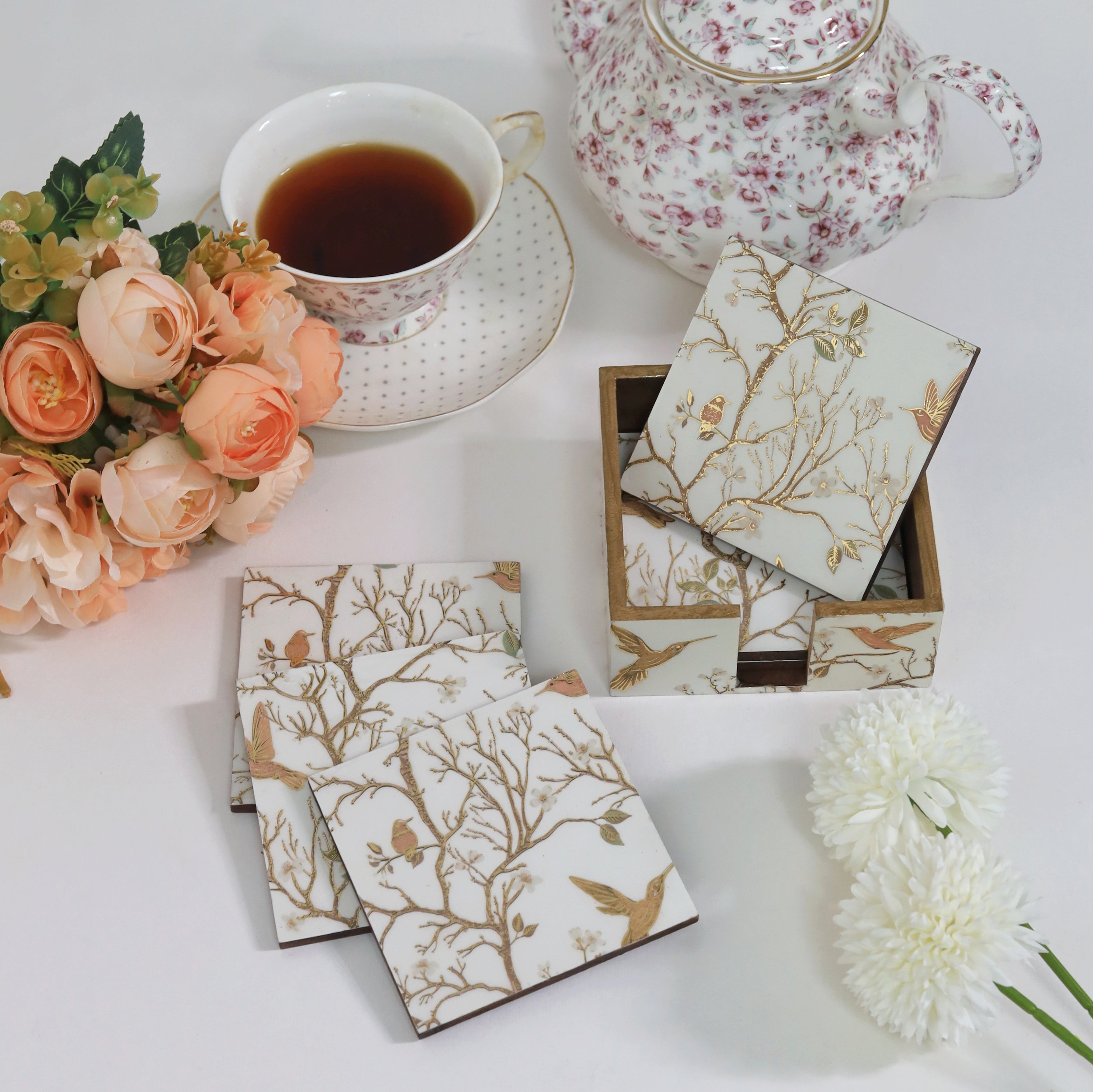 Compact coaster and tissue box set for small spaces
