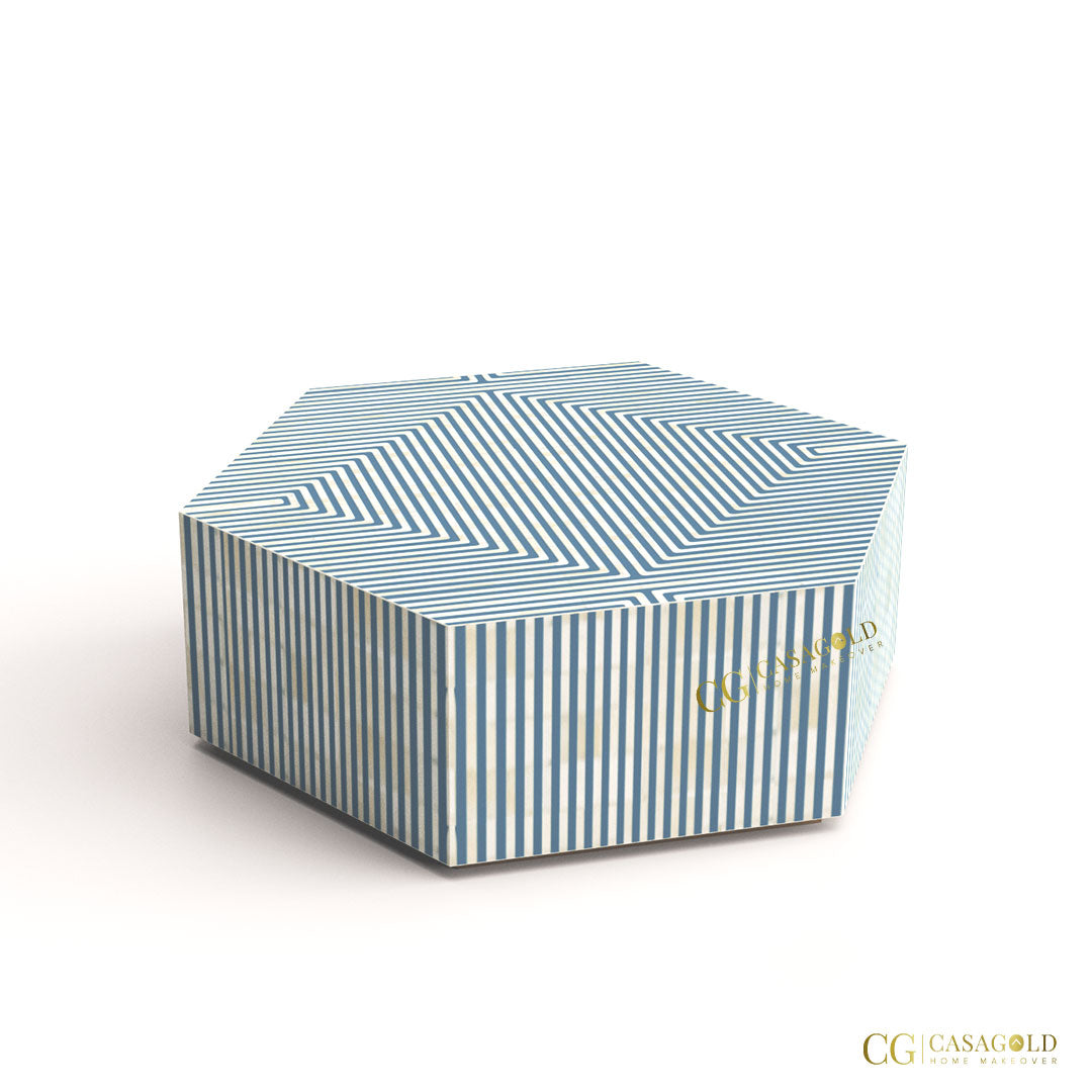 "Compact hexagonal coffee table with artistic bone inlay"
