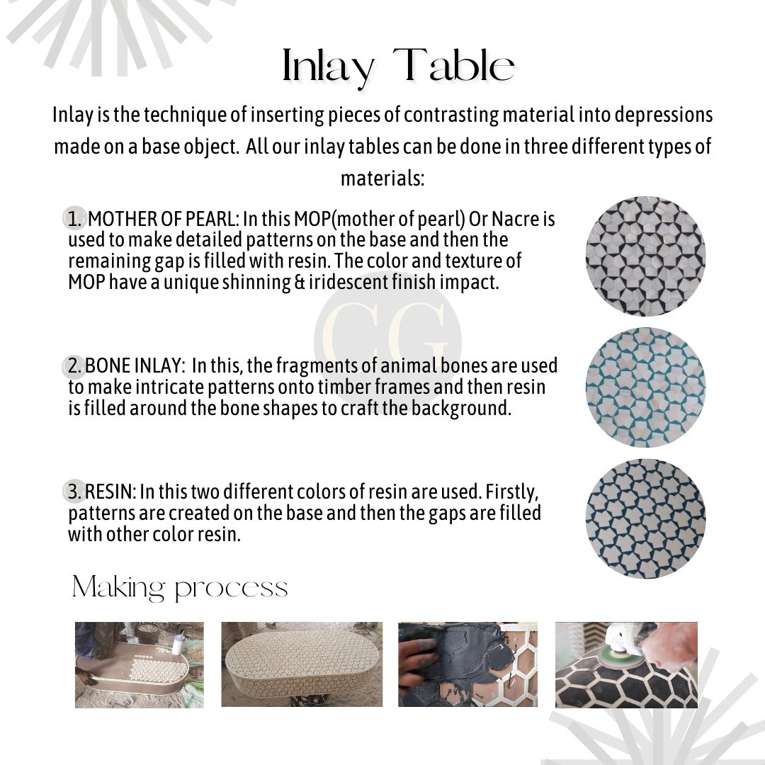 "Compact hexagonal end table with artistic bone inlay"