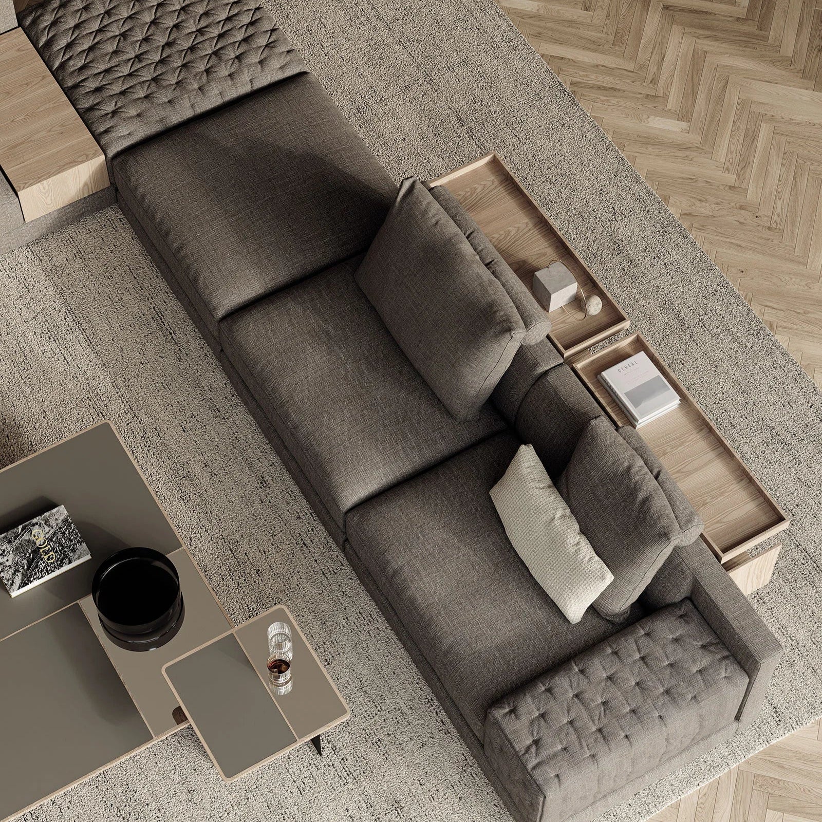 Minimalist grey three-seater couch with sleek squared arms – customisable for smaller spaces