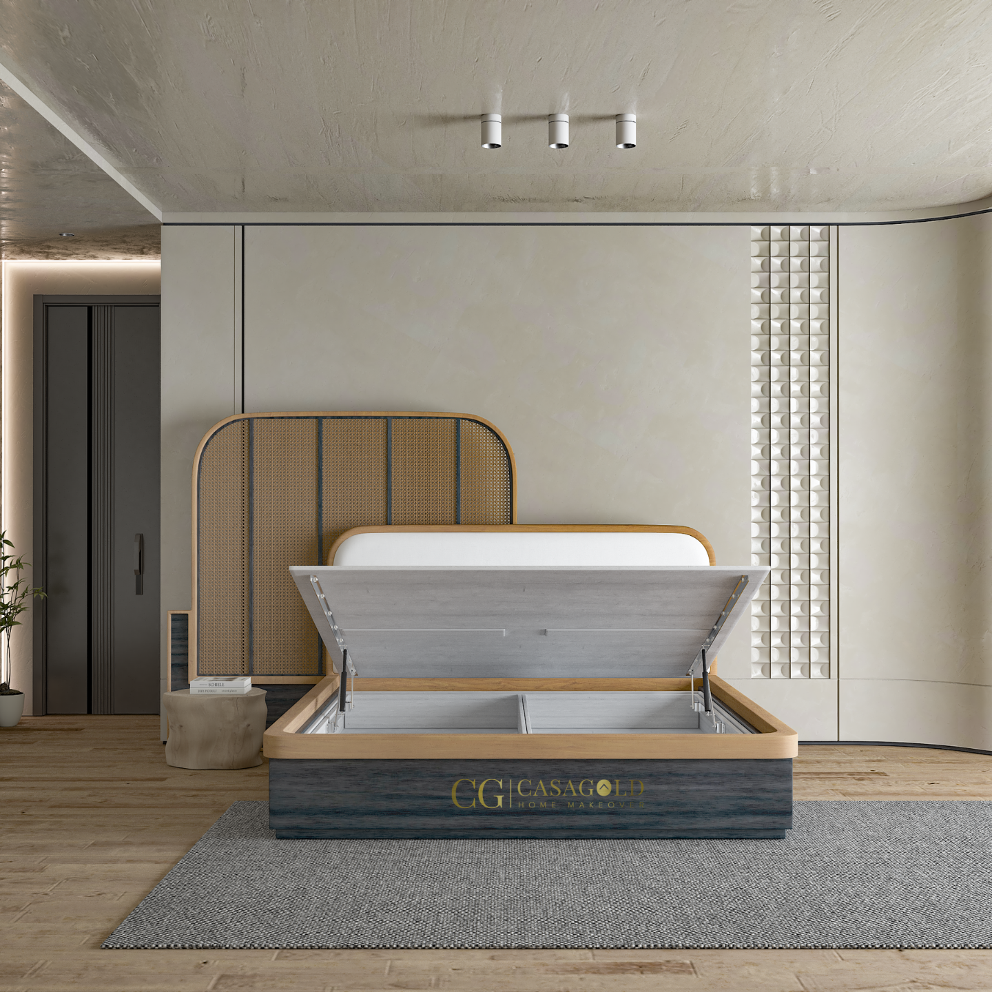 Elegant CasaGold bed set in a minimalist room with a textured wall design.