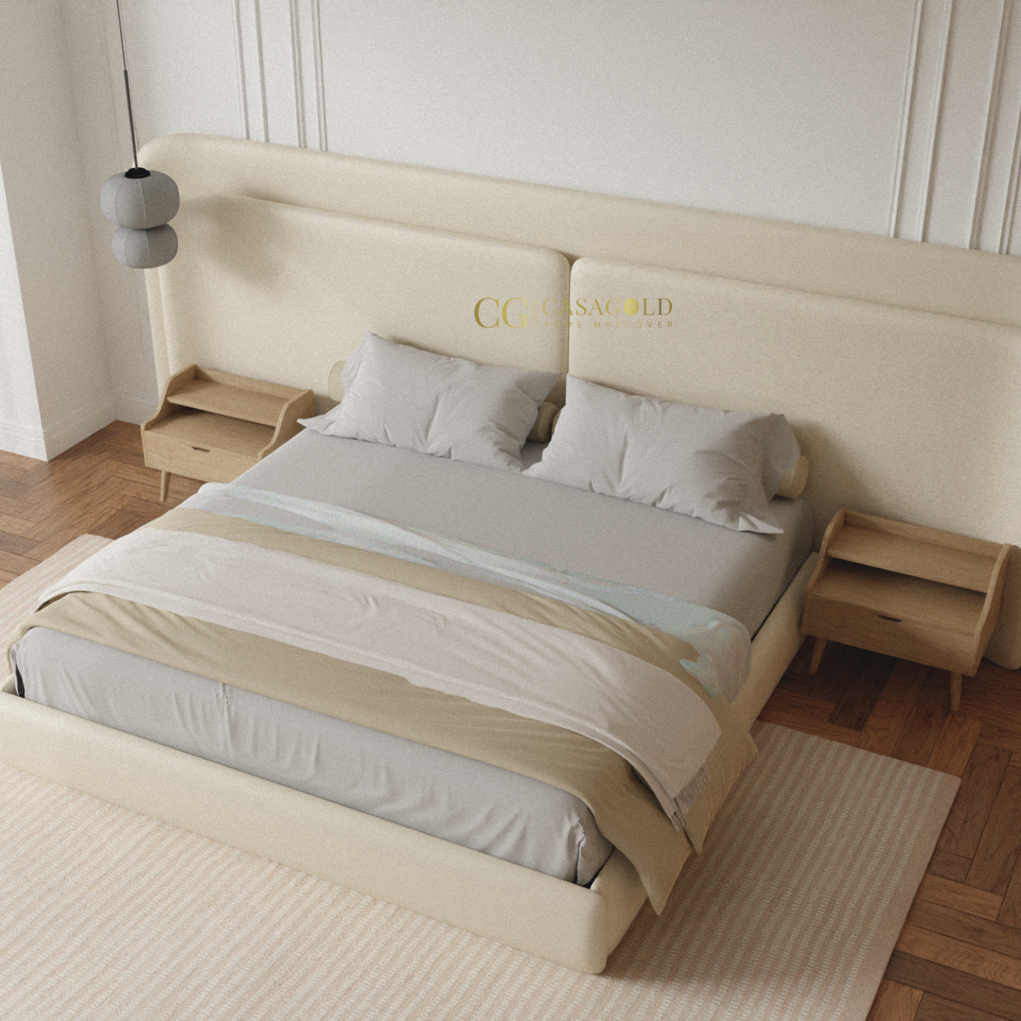 Luxury contemporary bed with an oversized cushioned headboard and integrated bedside tables against a paneled wall.
