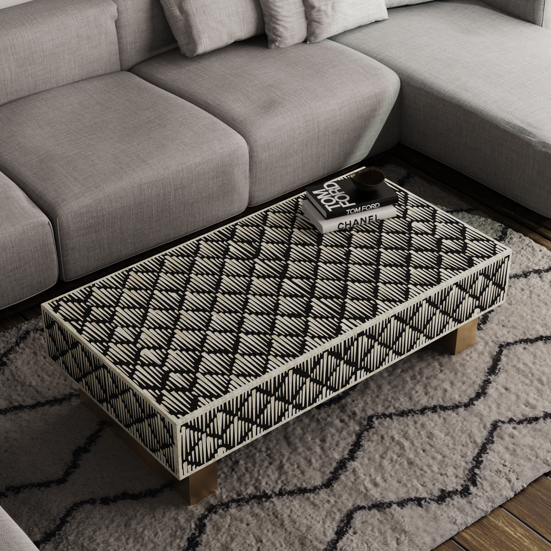 Contemporary Bone Inlay Rectangular Coffee Table for Families	