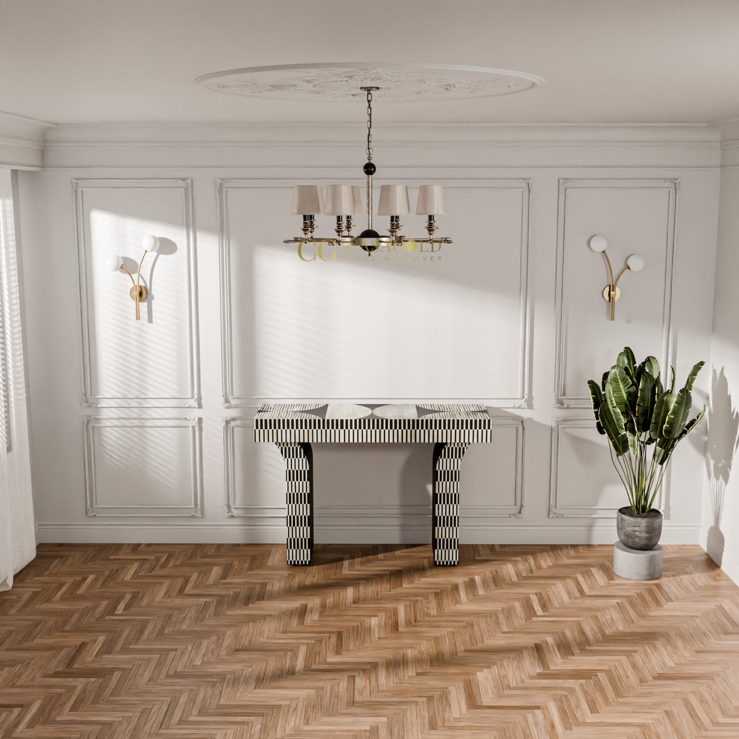 Modern striped entry table with black and white checkered pattern 