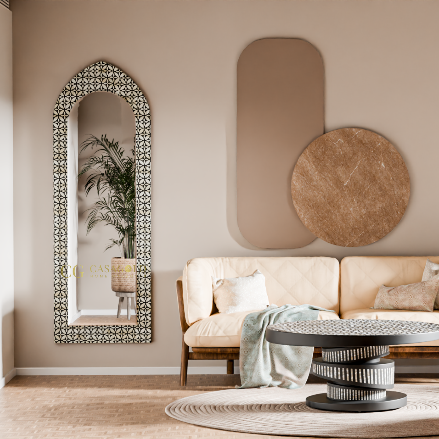 Stylish full-length arched mirror with statement frame in minimalist space