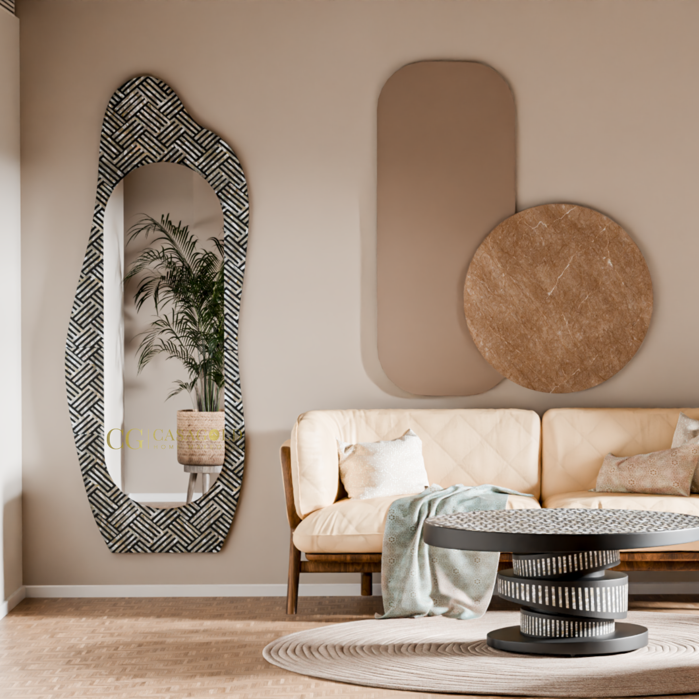 Handcrafted decorative mirror with a black and white patterned frame.

