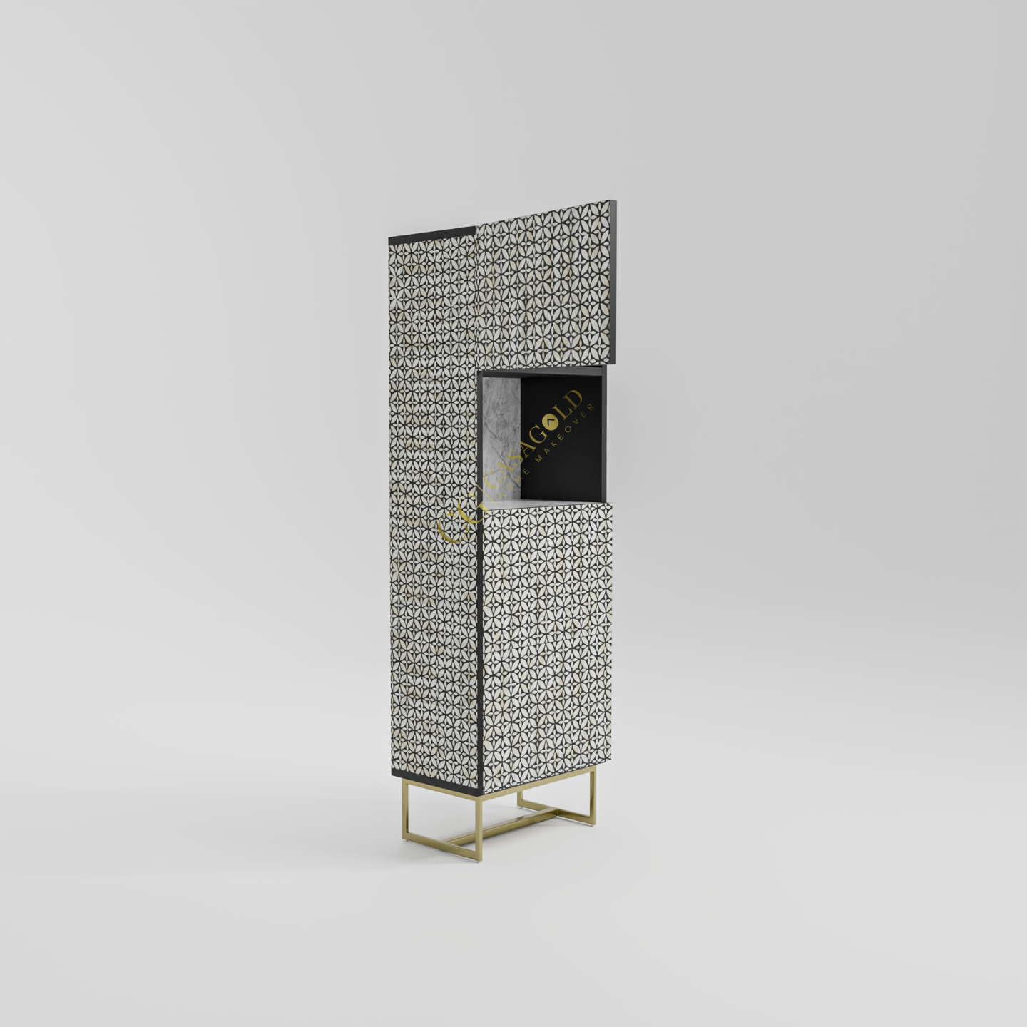 Modern standing cabinet featuring textured surface and see-through middle compartment
