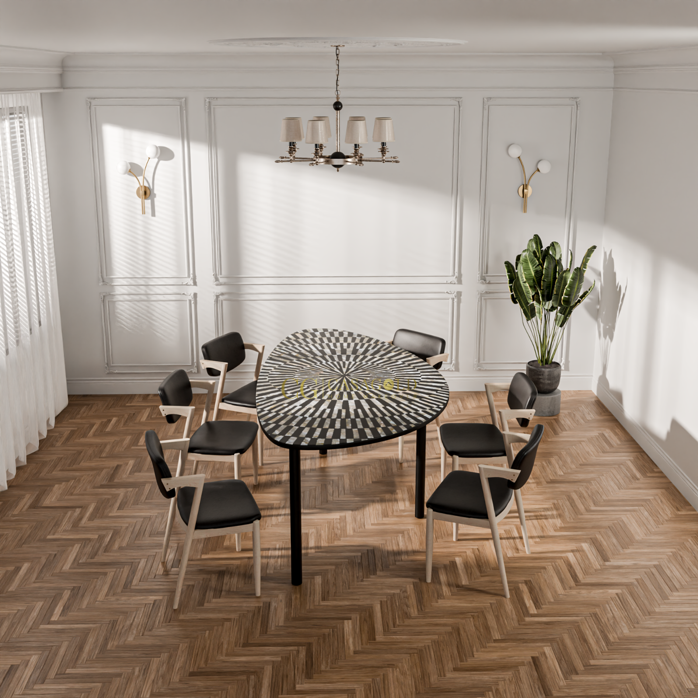 Stylish round dining table with a geometric patterned top