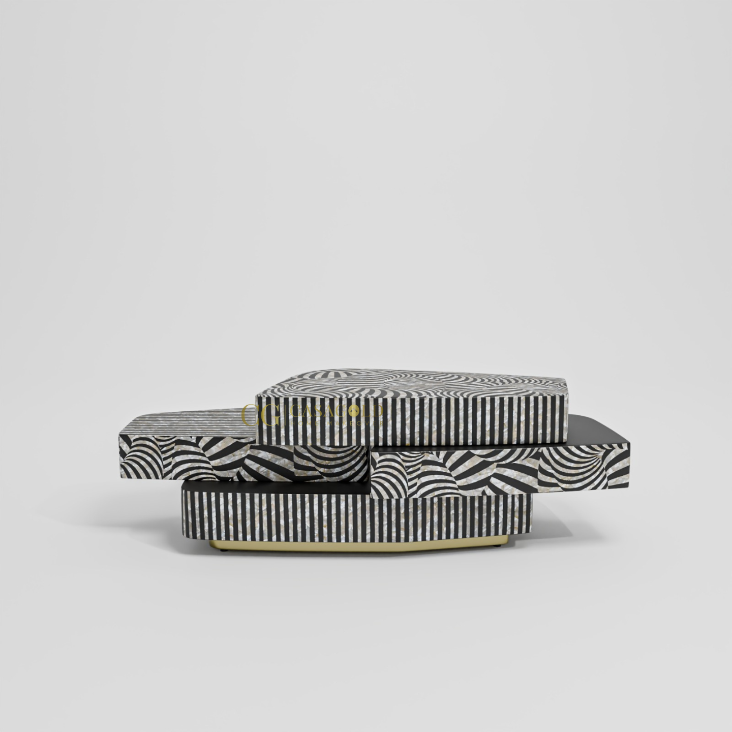 Modern coffee table in three stacked layers, decorated with contrasting black and white optical patterns.
