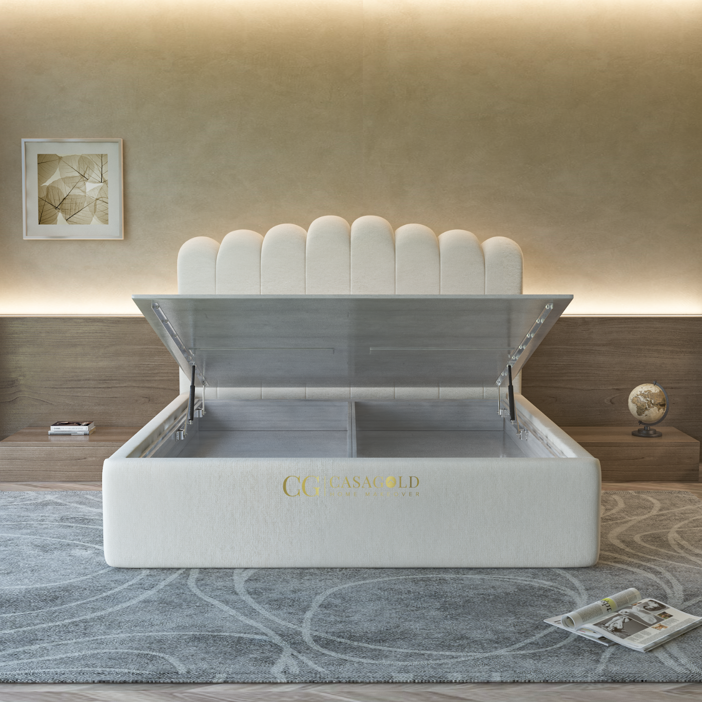 A modern white hydraulic bed with a unique scalloped headboard and dual lift-up storage compartments, placed in a softly lit bedroom