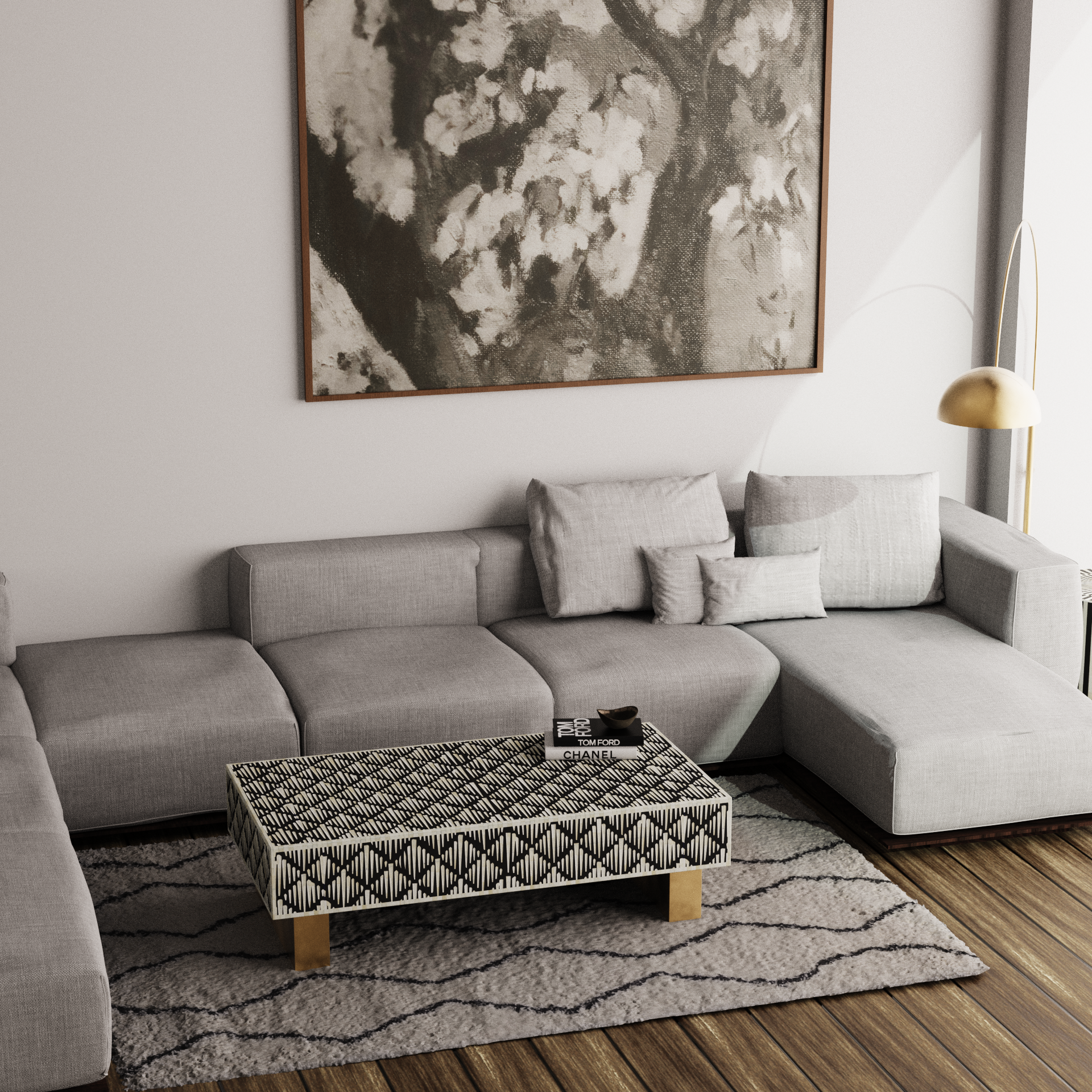 "Contemporary rectangular bone inlay coffee table for family spaces"
