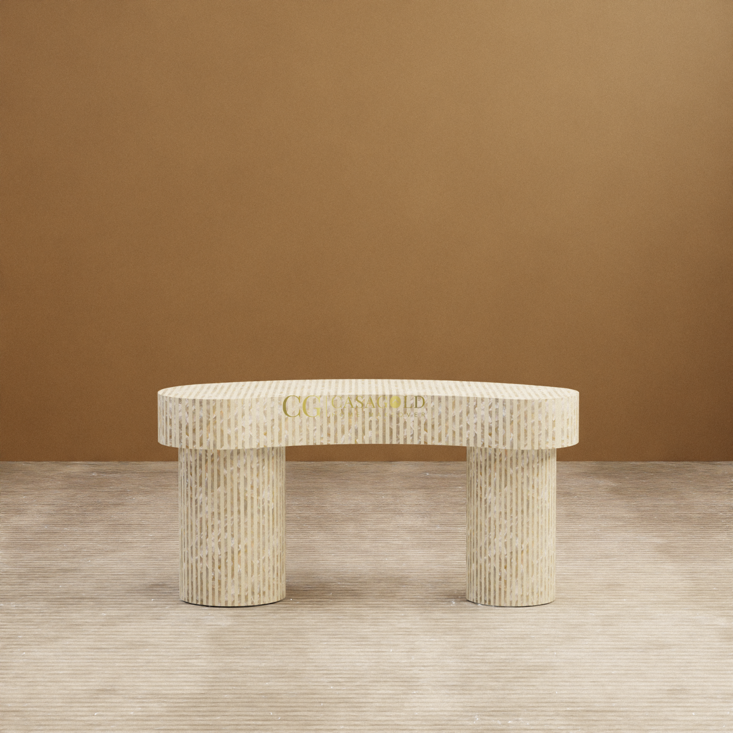 Curved study table with mop inlay design and cylindrical legs.
