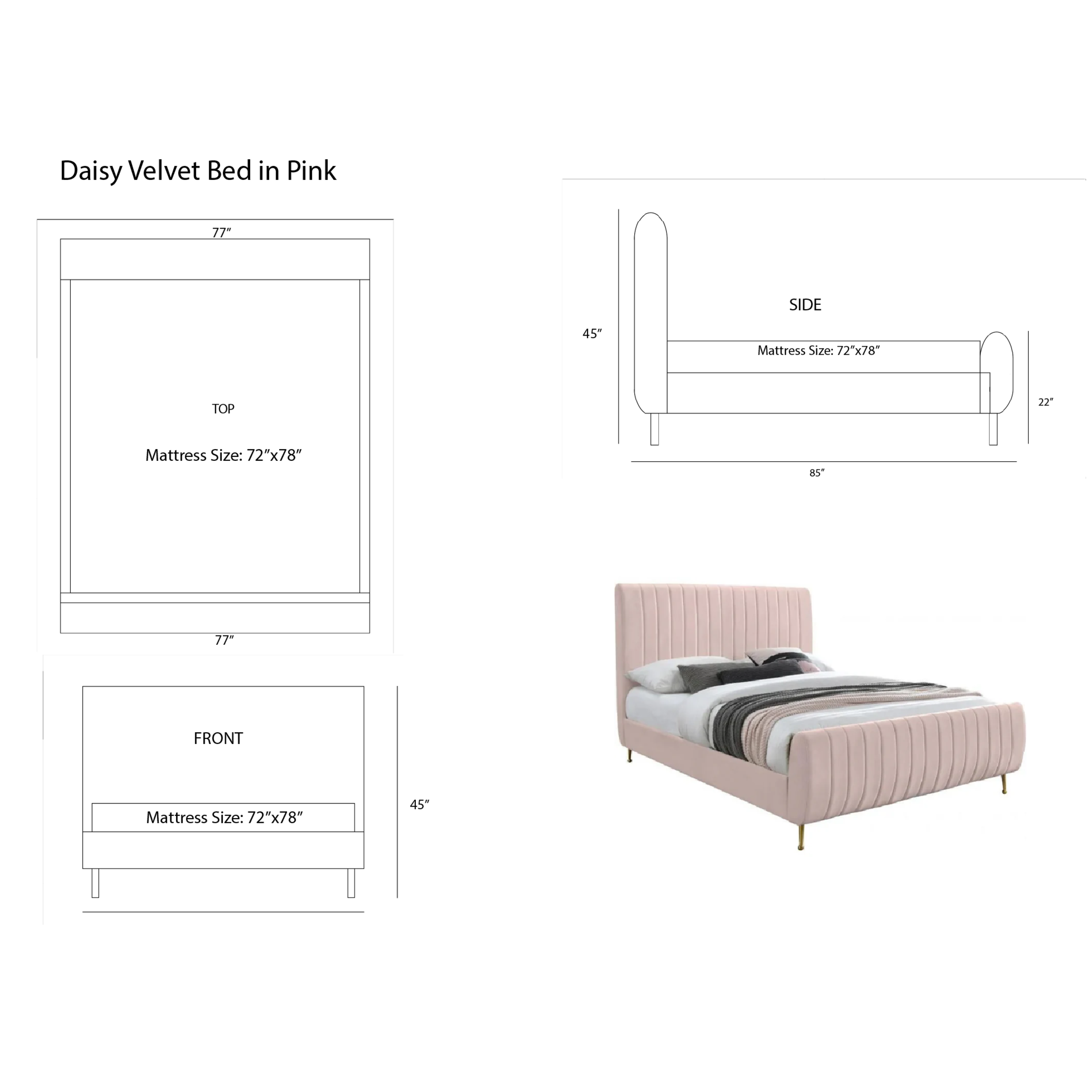 Daisy Velvet Bed in Pink