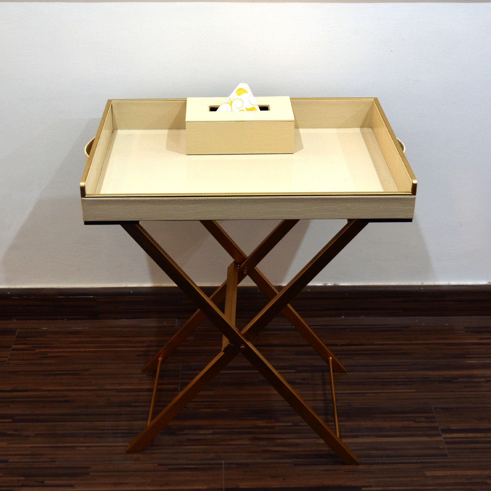 Decorative butler tray for stylish living room setups.

