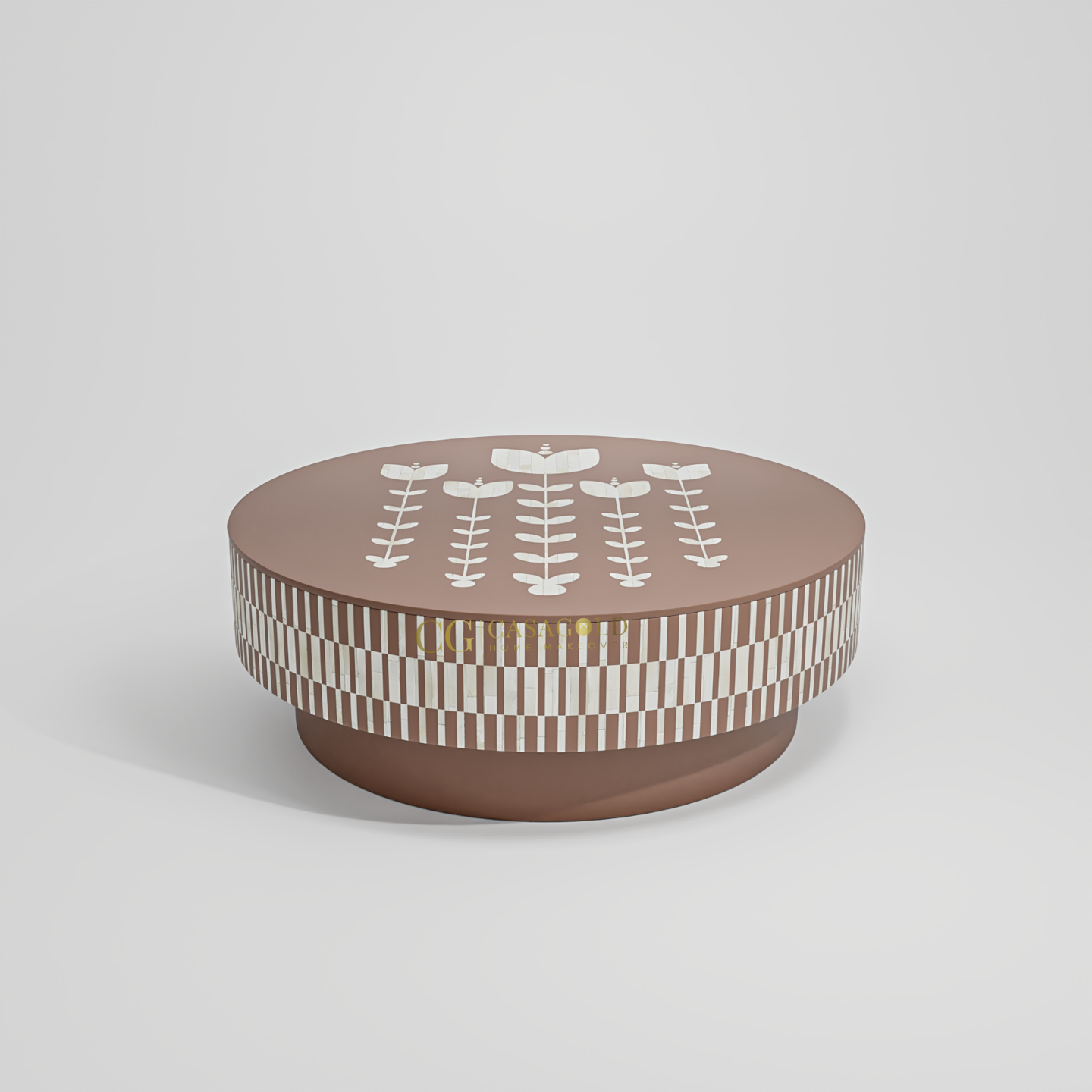  A contemporary round coffee table with a white and mother-of-pearl inlay floral pattern on the top