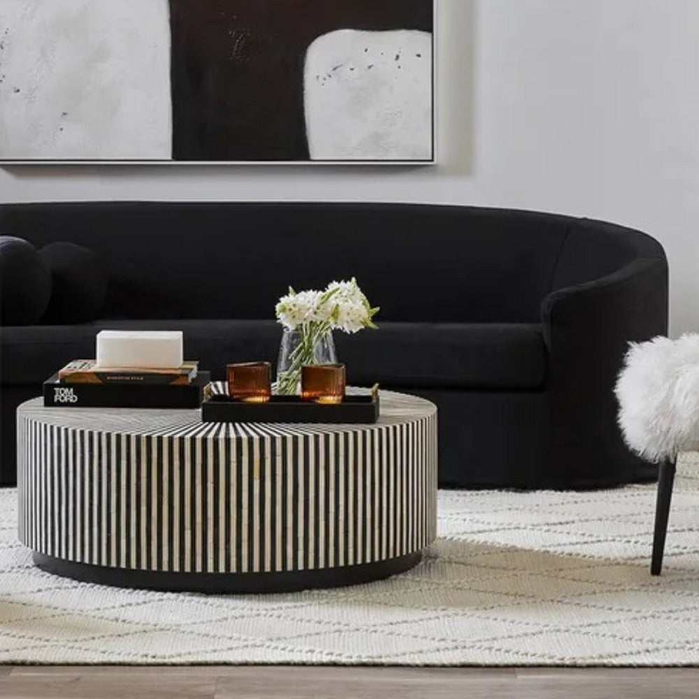 Decorative round inlay coffee table design black makayla