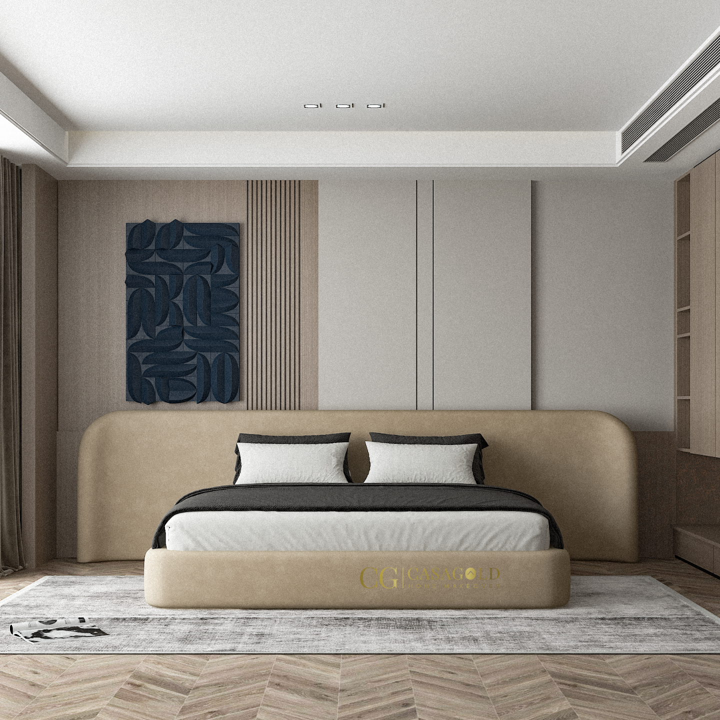 Minimalist designer bedroom with built-in cabinetry and soft textures