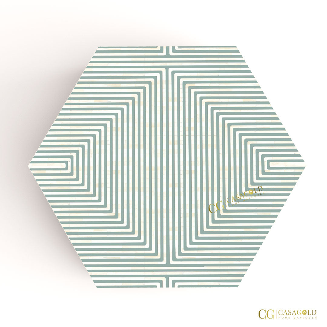 Designer Bone Inlay Hexagonal Coffee Table with Abstract Art	