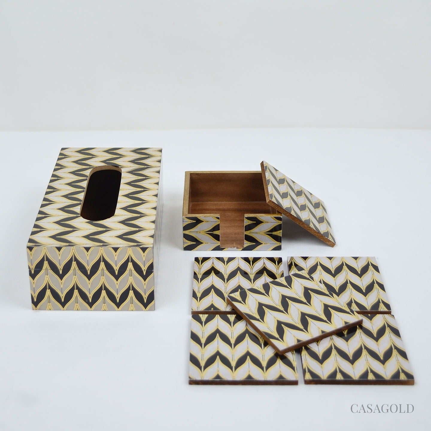 Designer coaster and tissue organizer set
