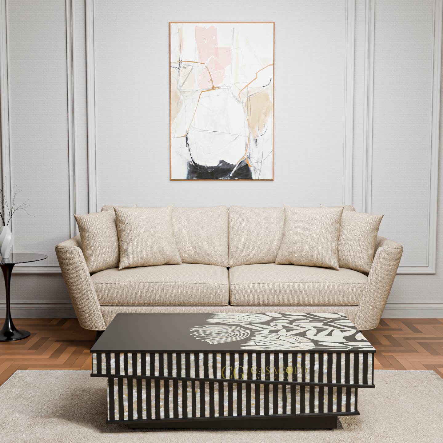 Rectangular coffee table showcasing artistic top graphics and a three-tier striped structure.