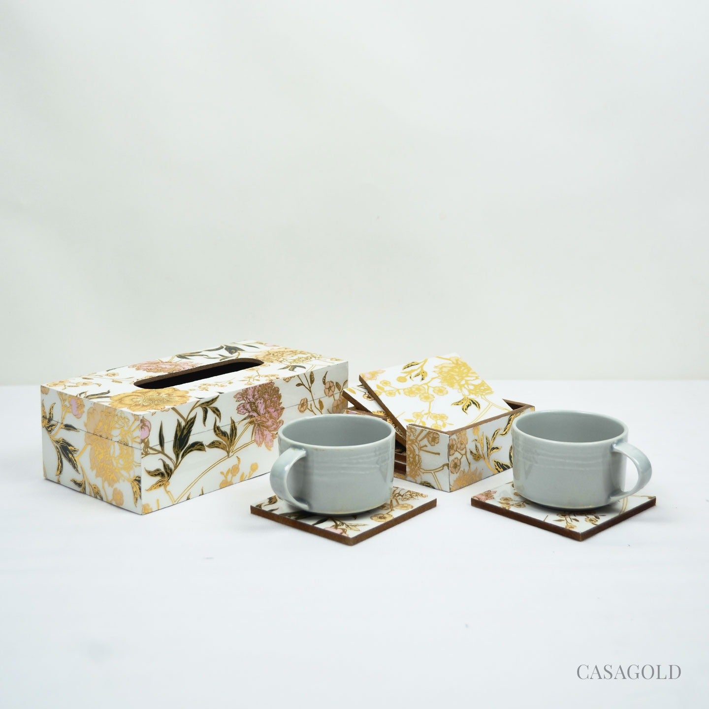 Elegant designer tissue box paired with coasters
