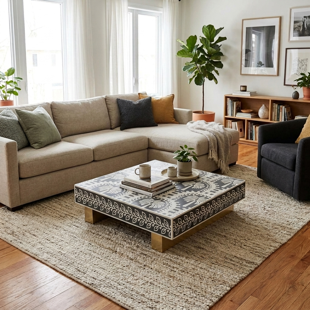 Bring handcrafted luxury into your home with the Zafira black and ivory geometric bone inlay coffee table from CasaGold.