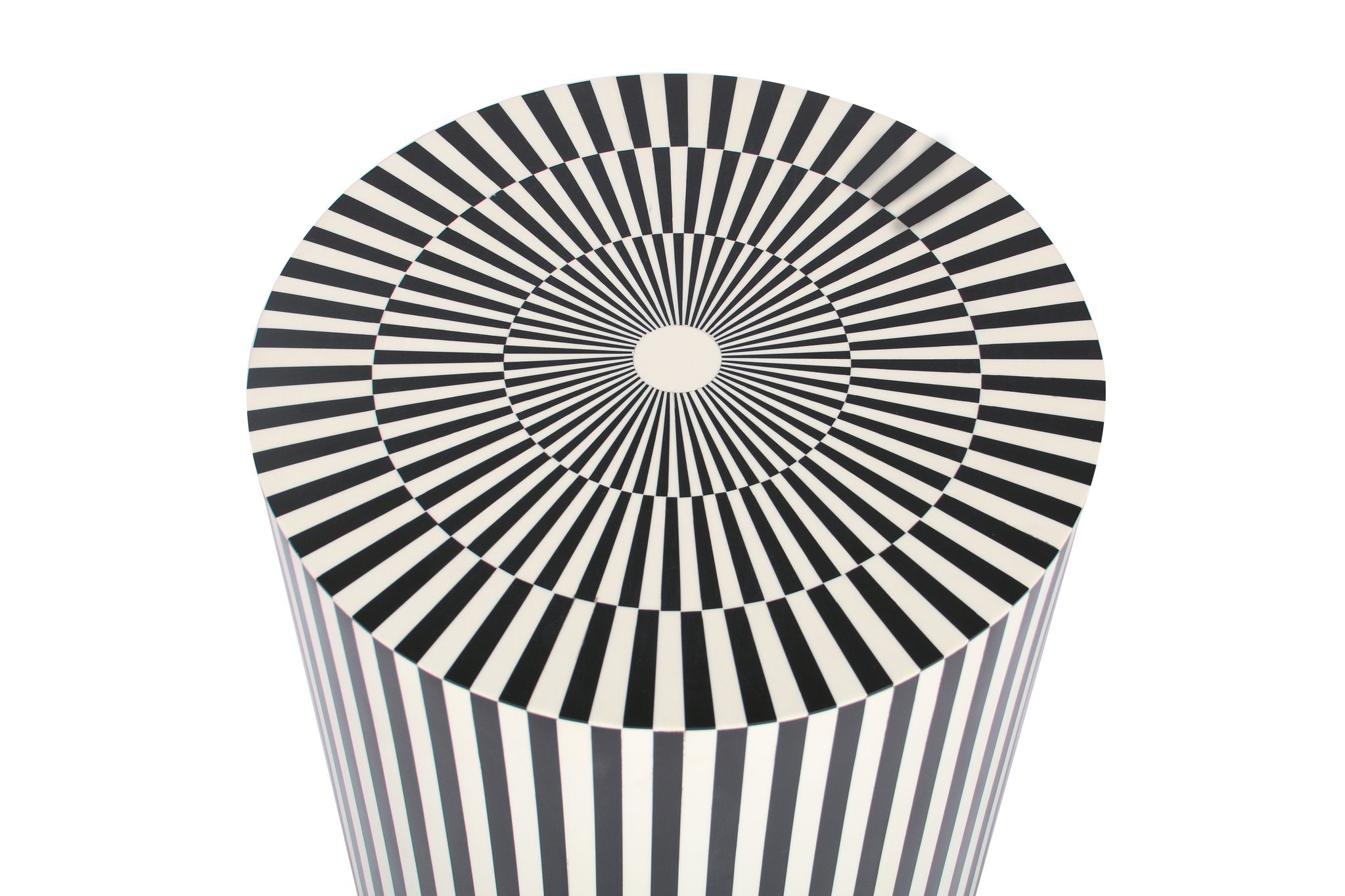 "Drum-shaped black bone inlay side table for bold interiors"
