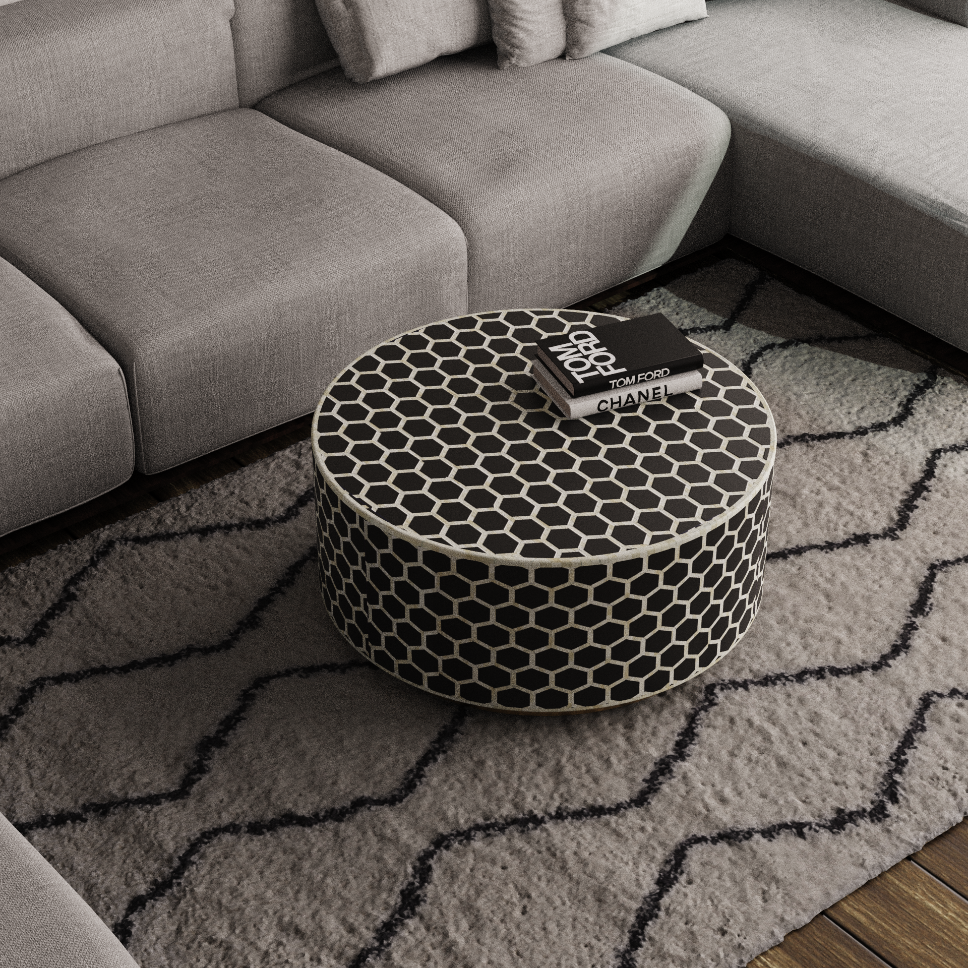 Durable round coffee table with inlay finish
