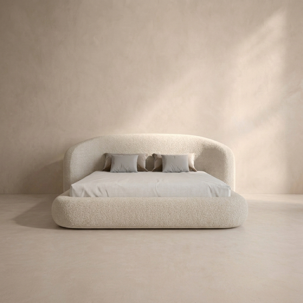 A modern low-profile bed with a rounded, textured upholstered frame in a warm off-white or cream bouclé-like fabric, styled with white bedding and two gray pillows, set against a matching minimalist beige wall and floor.