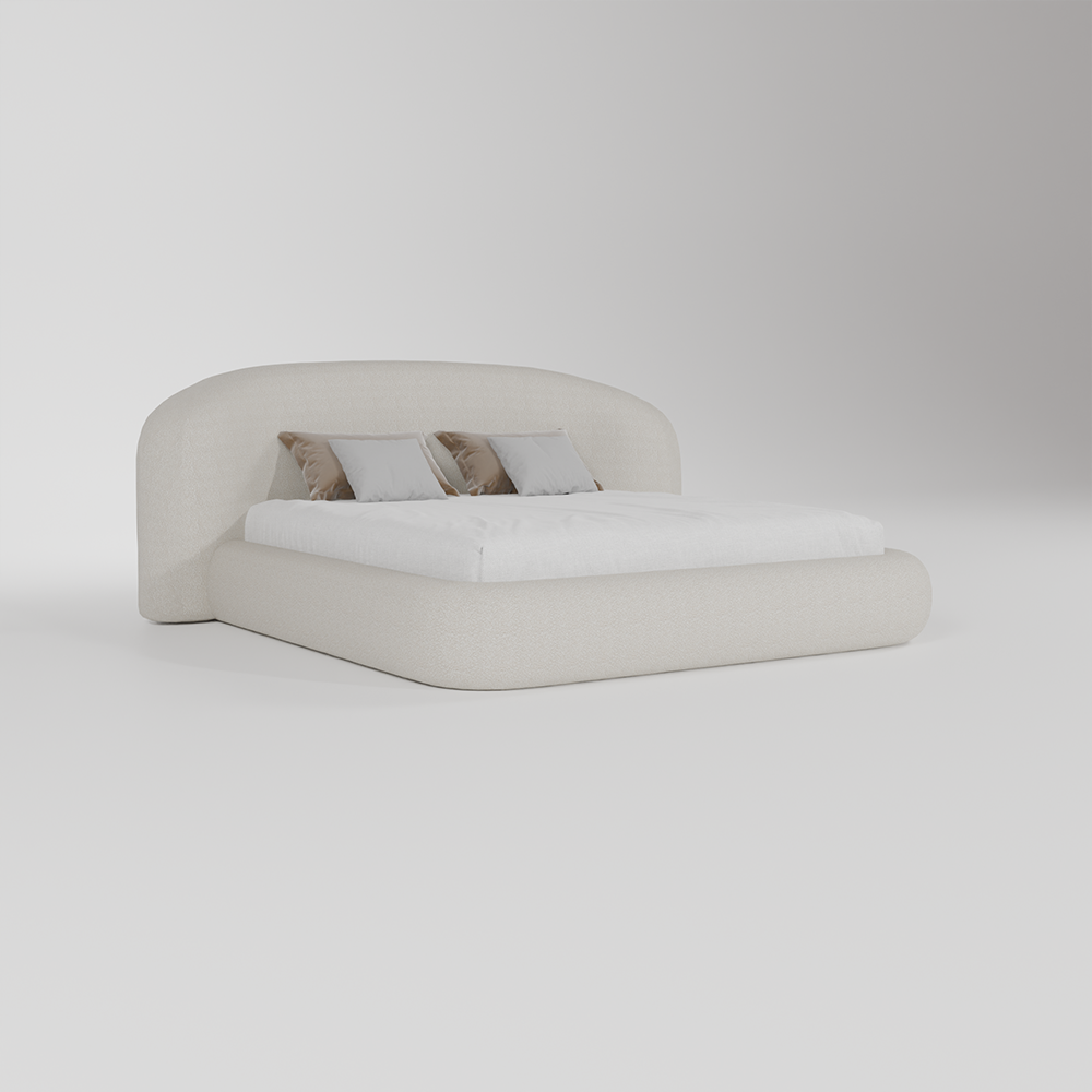  bed with oversized rounded headboard in luxury neutral fabric
