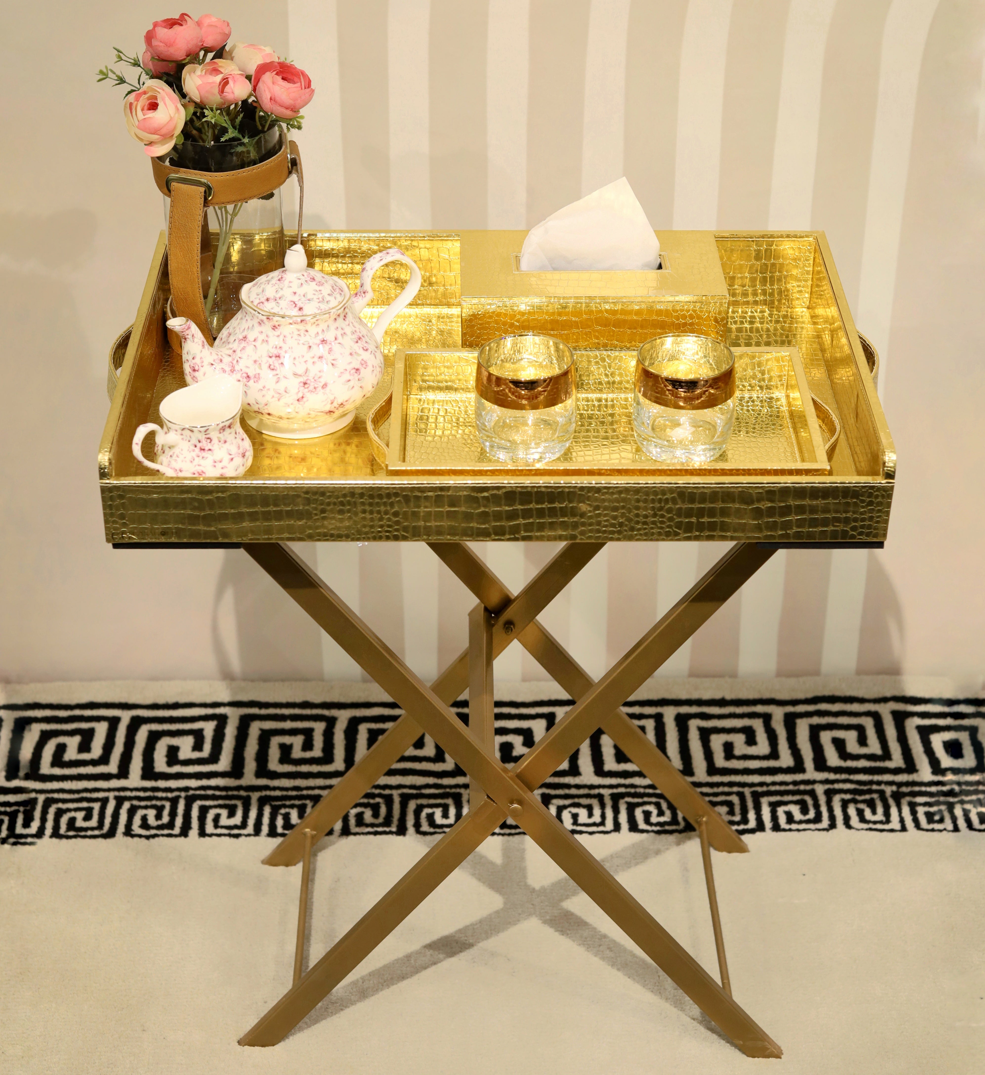 Sleek Gold butler tray for serving drinks and food.