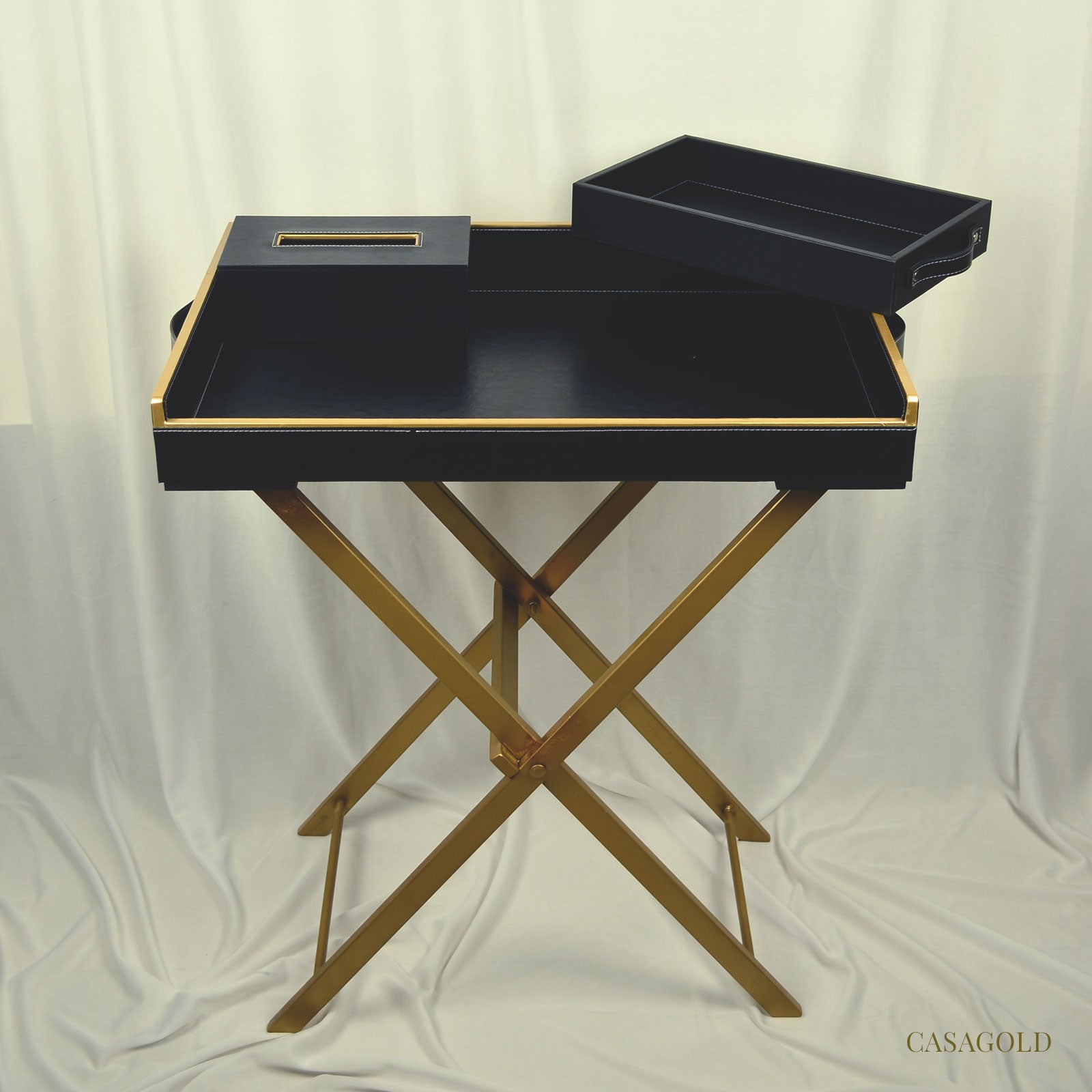 Stylish leather butler tray on a coffee table

