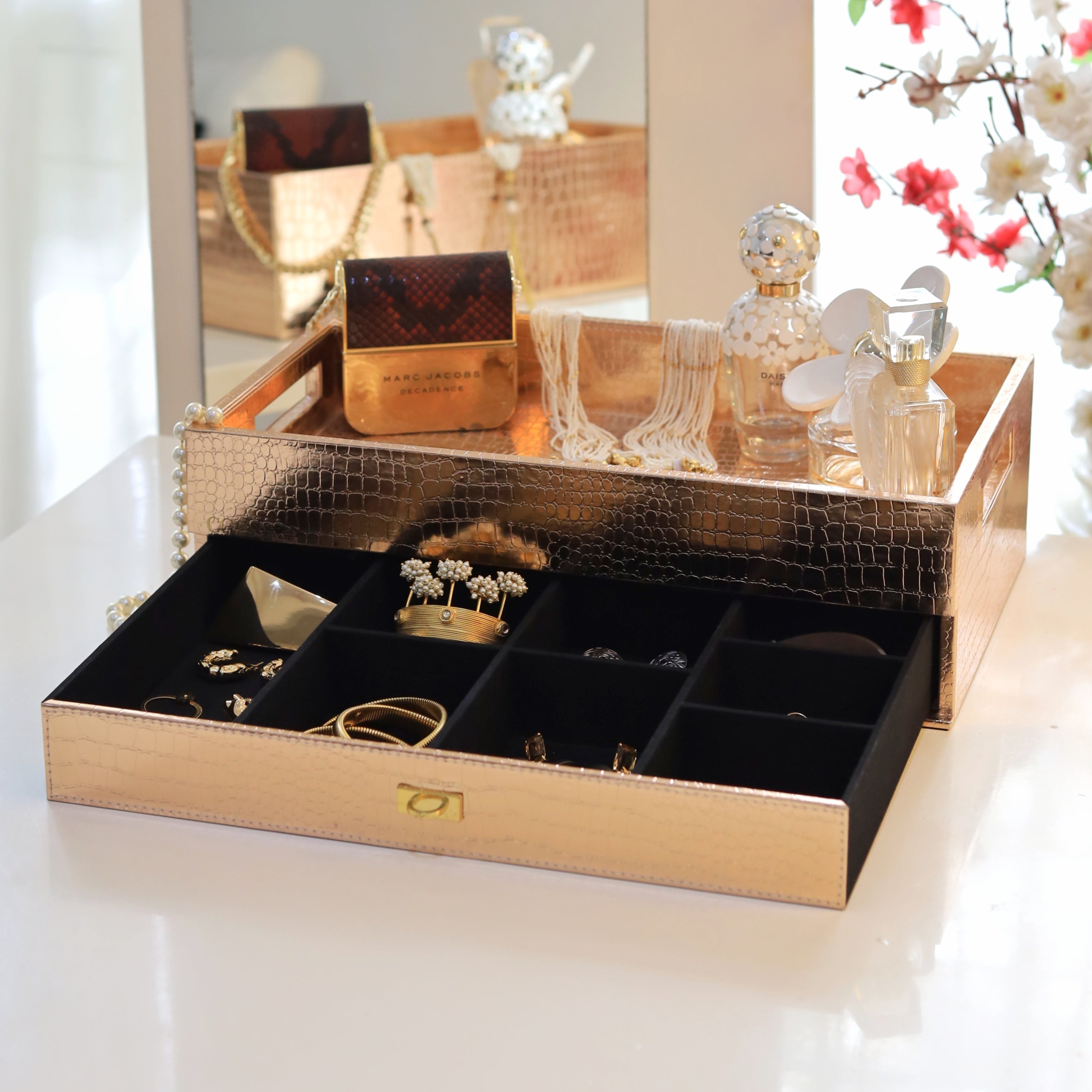 Sophisticated tea tray with luxury storage options
