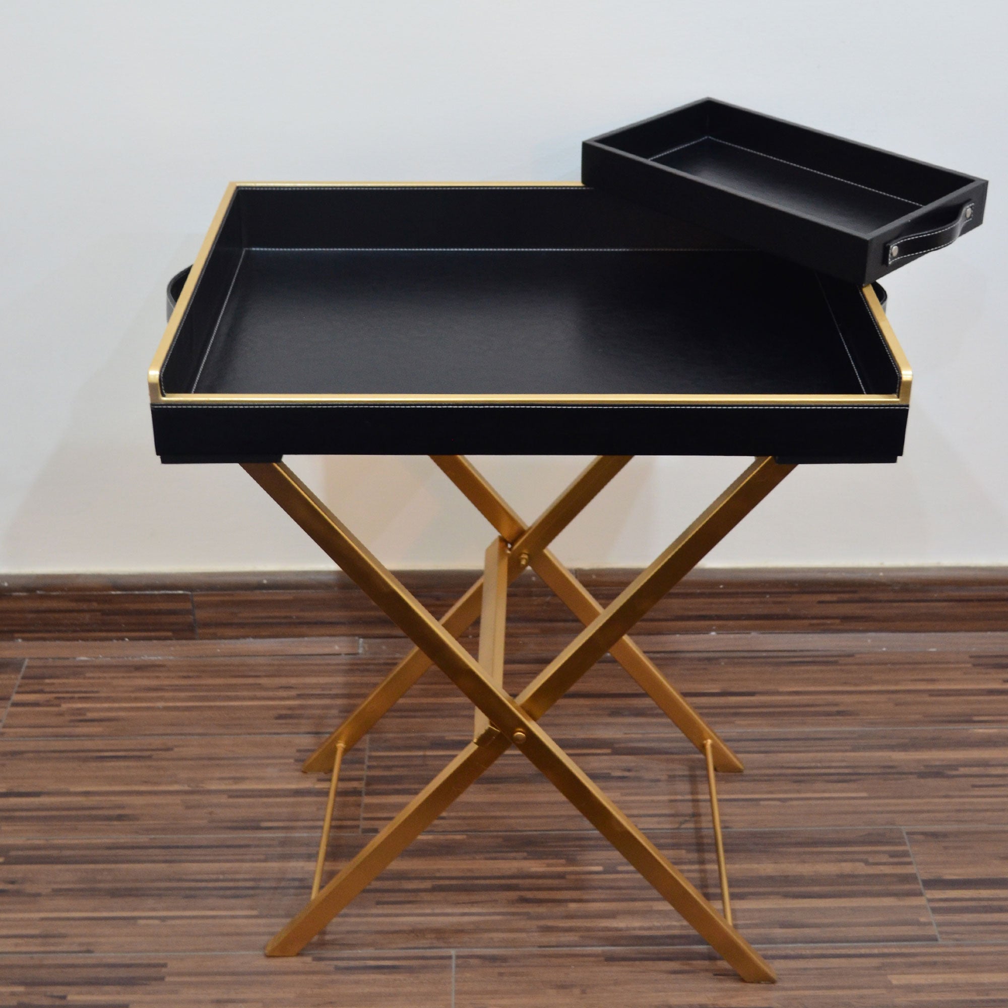 Metal & Leather Wood butler tray for stylish serving and decor