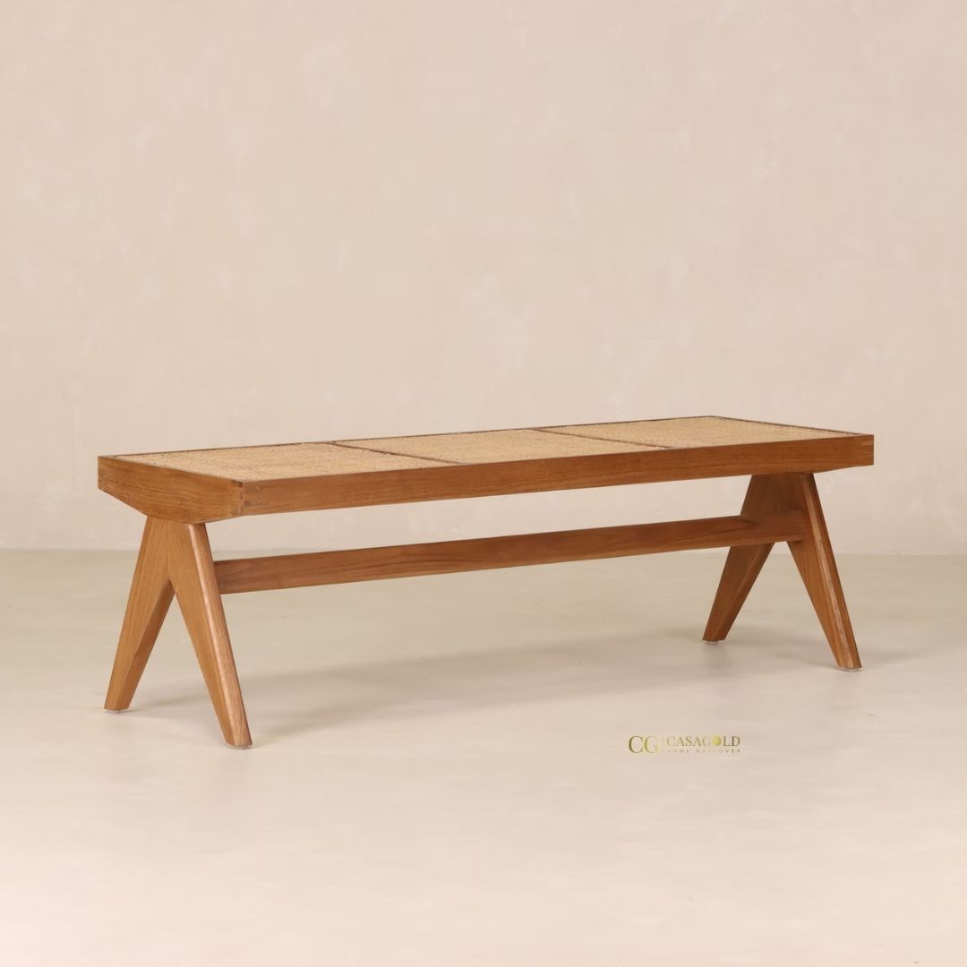 Elegant wooden bench with handwoven rattan cane seat