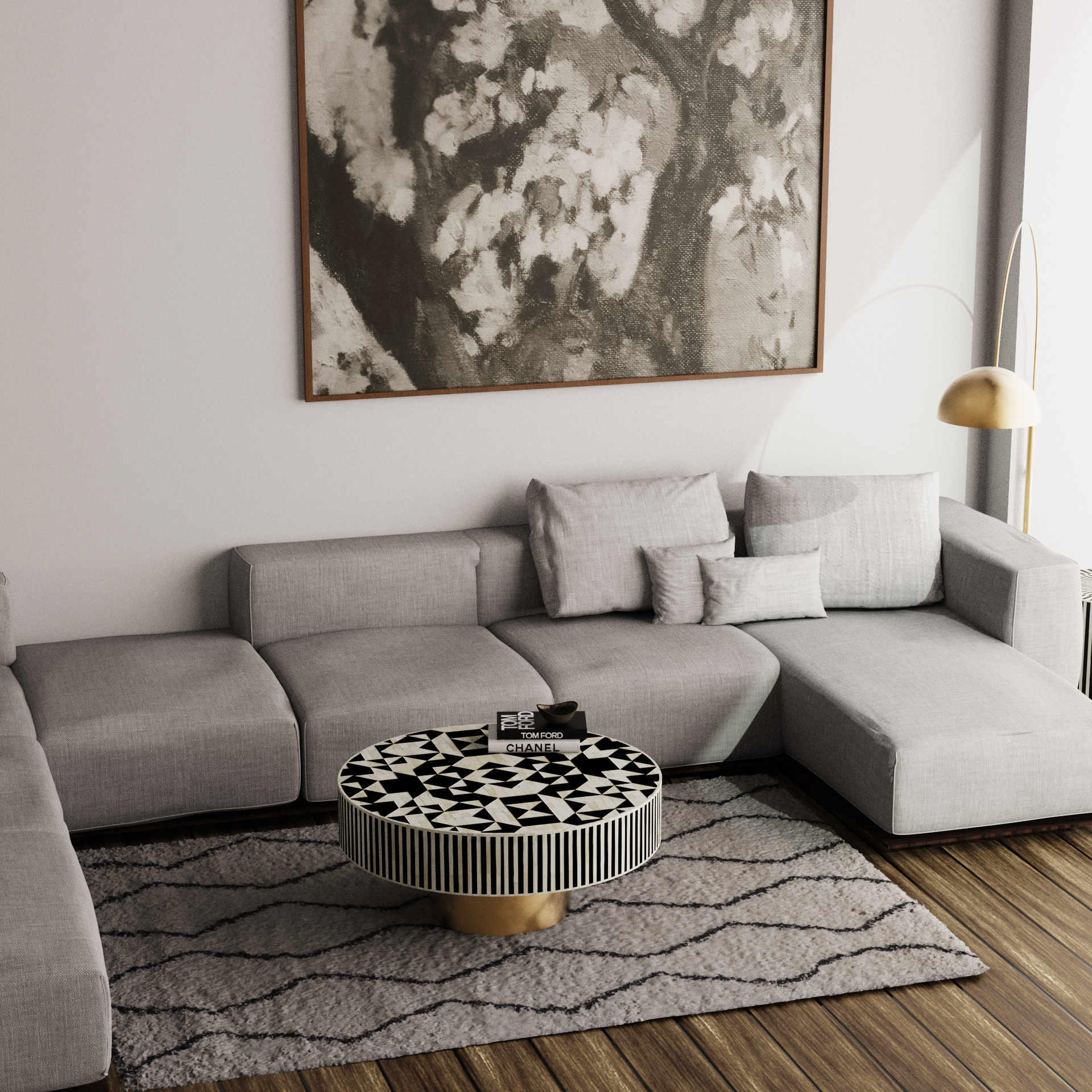 Elegant Round Coffee Table with Bone Inlay
