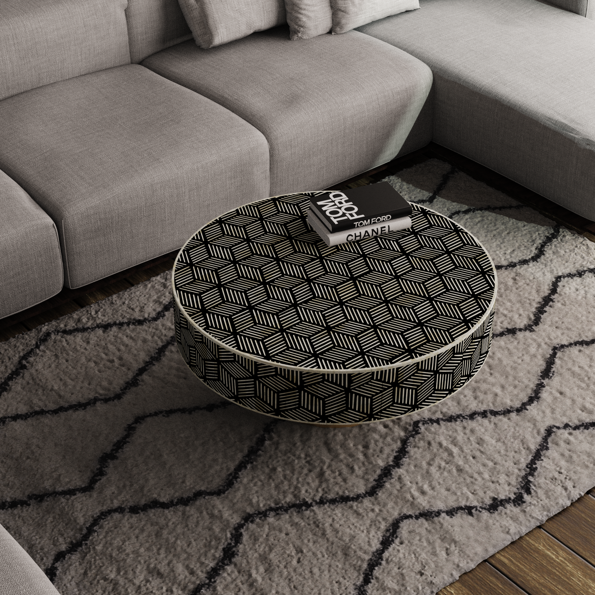 Stylish round inlay coffee table centerpiece
