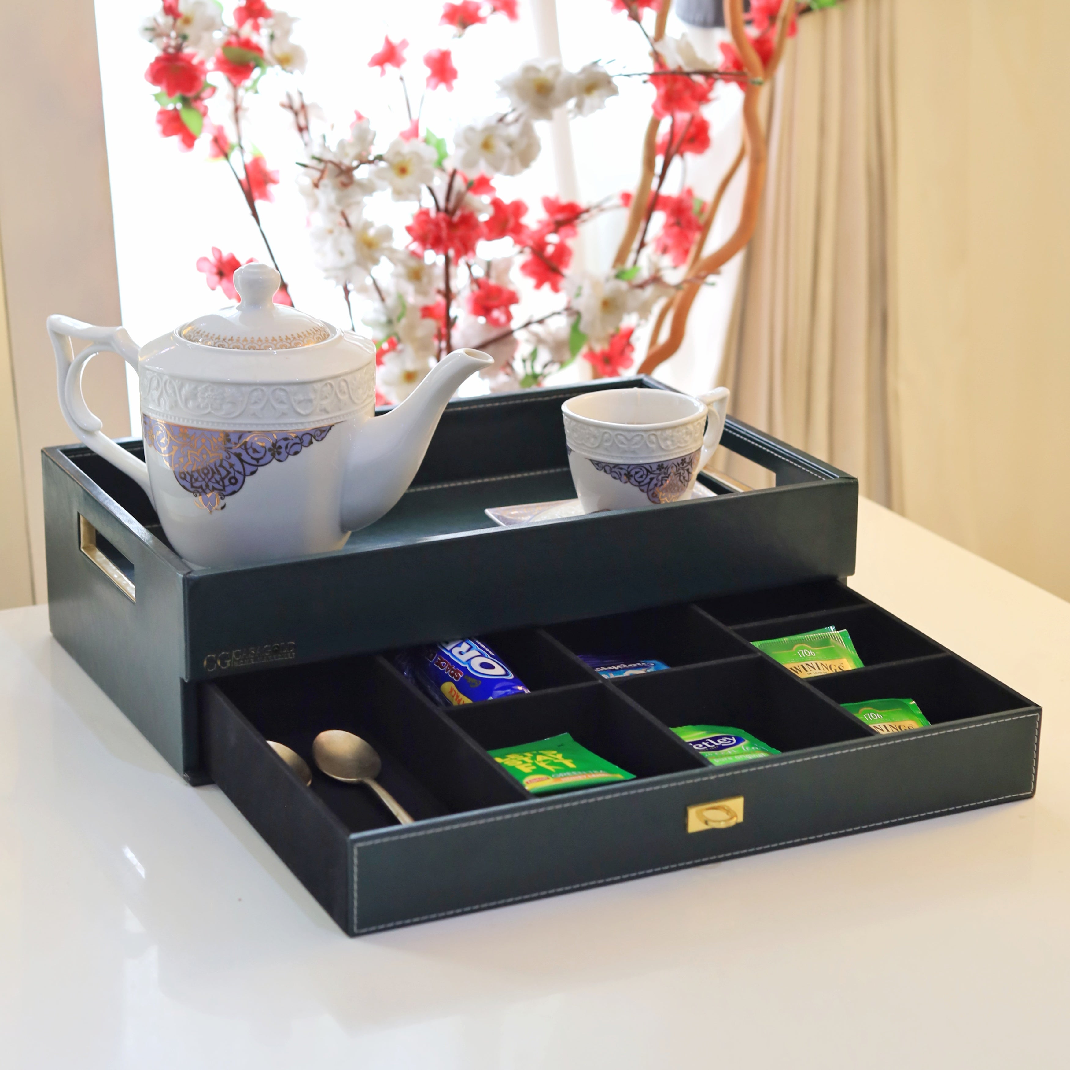 Elegant tea tray with hidden compartments for storage
