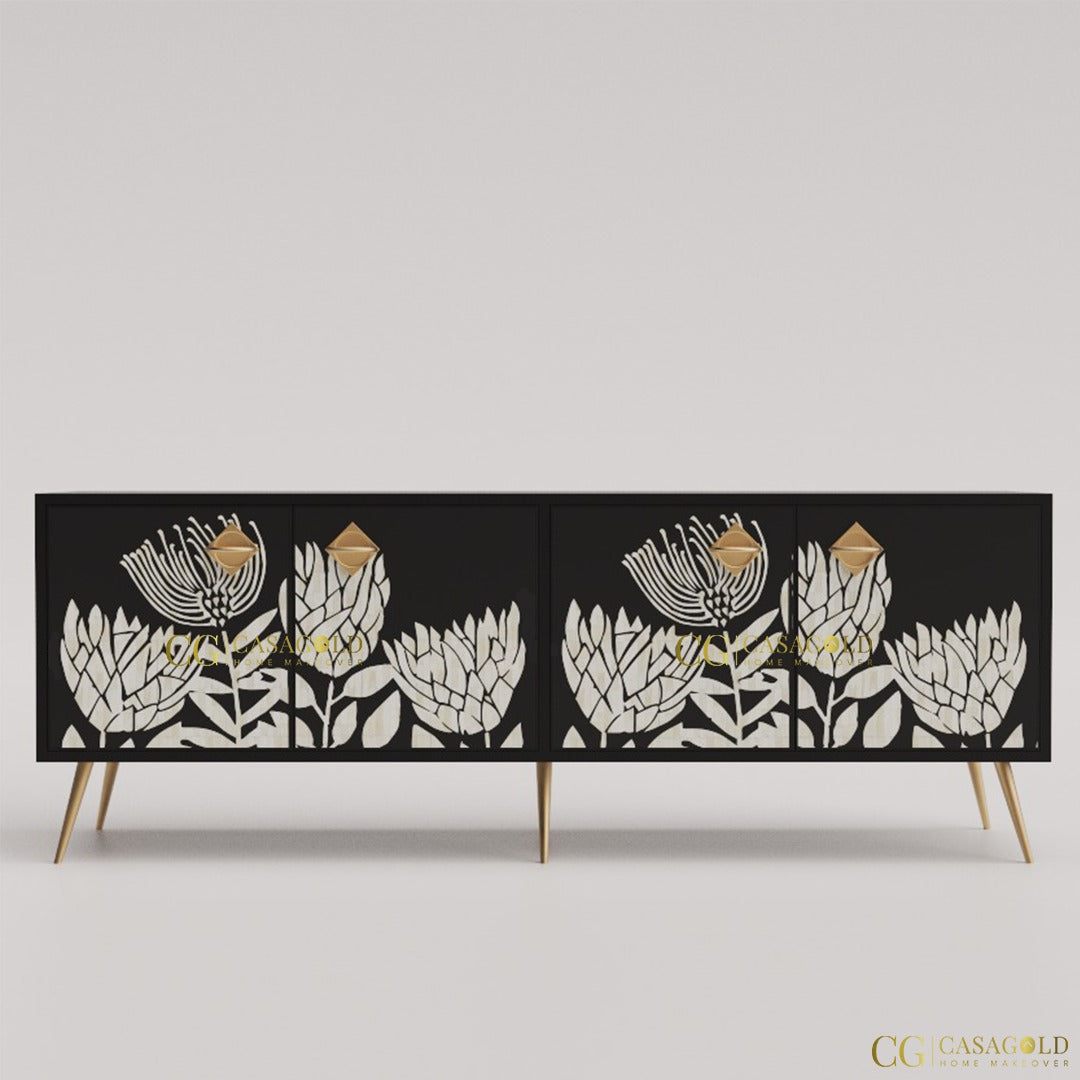 Elegant Tulip white inlay TV stand with storage