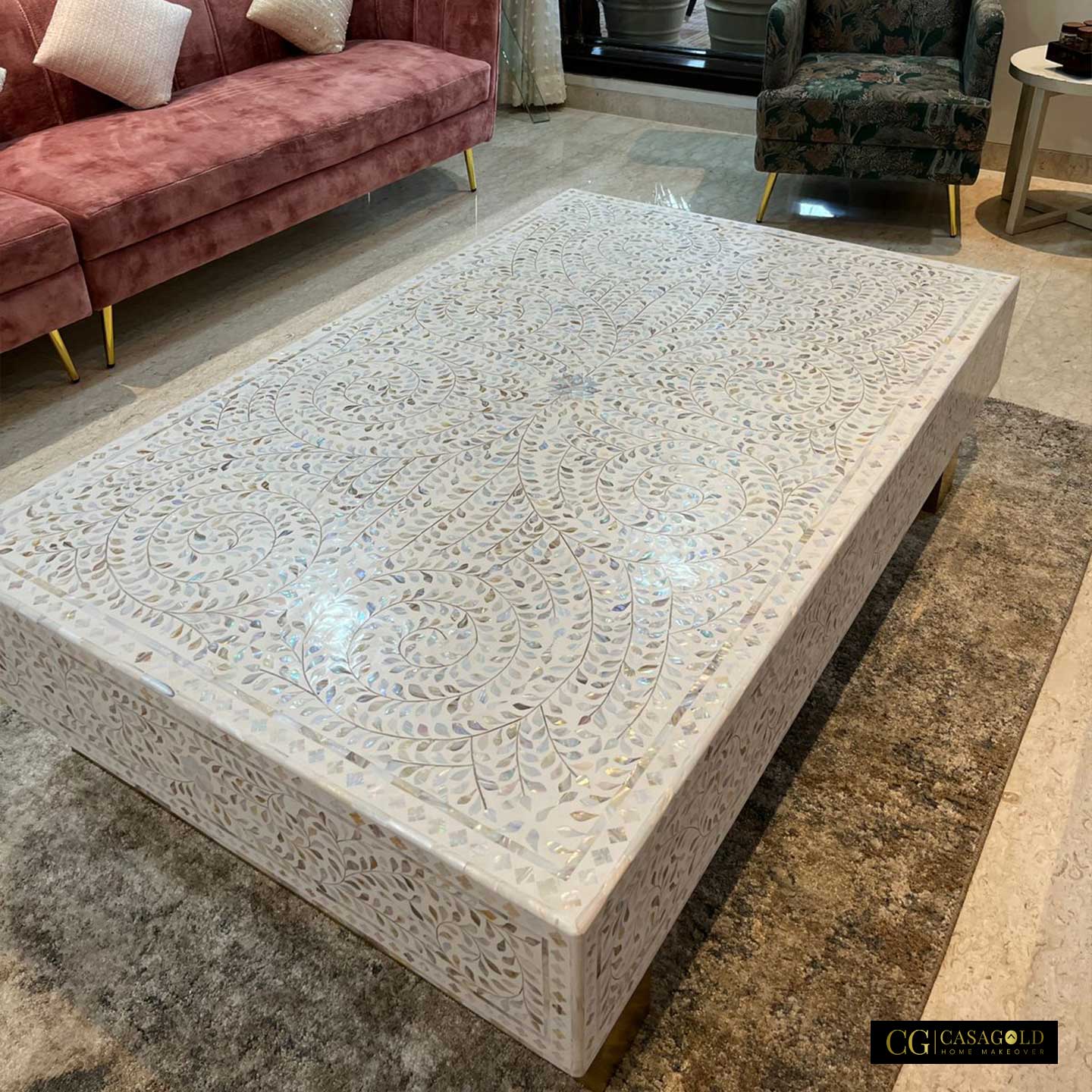 "Elegant rectangular MOP inlay coffee table for modern living spaces"