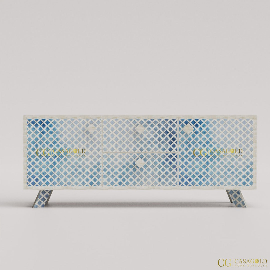 Elegant white floral inlay media console
