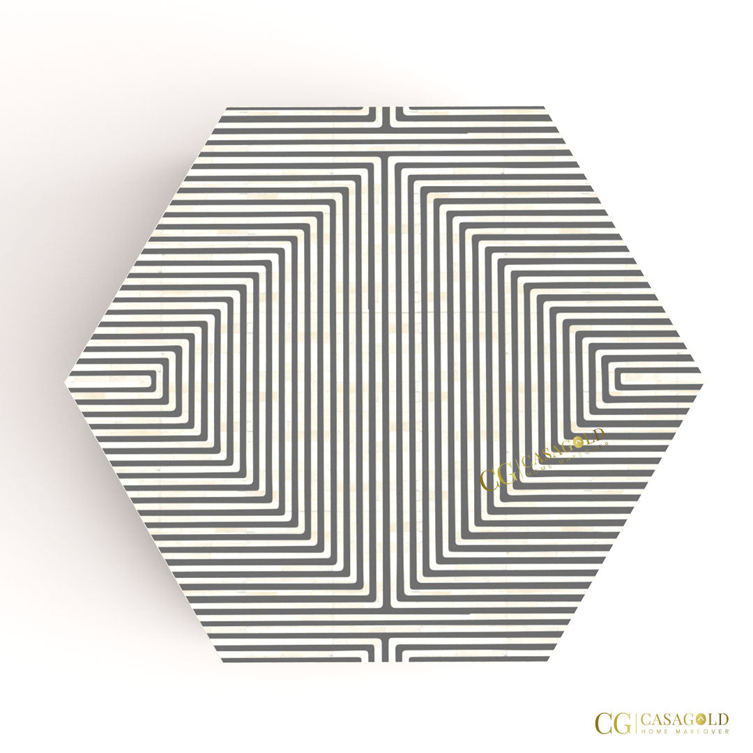 "Elegant white hexagon coffee table with bone inlay"

