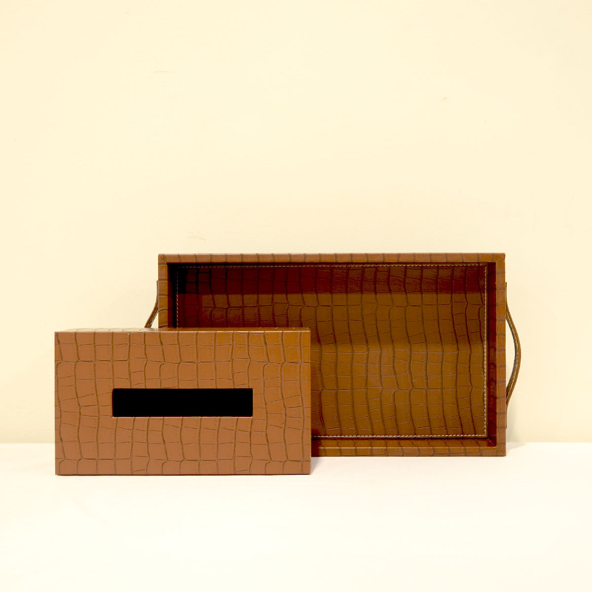 Leather tray with Tissue box Brown Croco